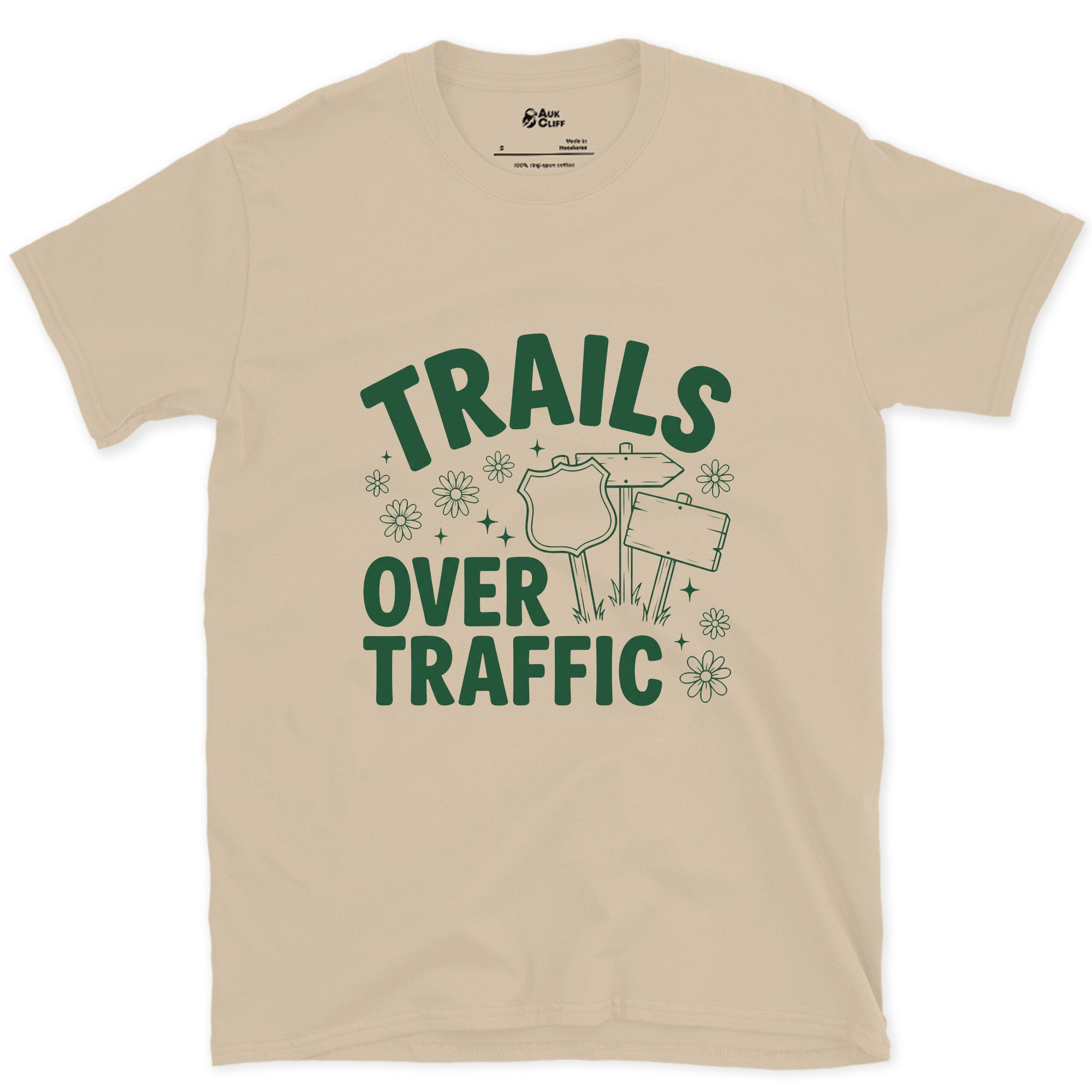 Trails Over Traffic, Trail Sign design on a Sand Gildan Softstyle t-shirt