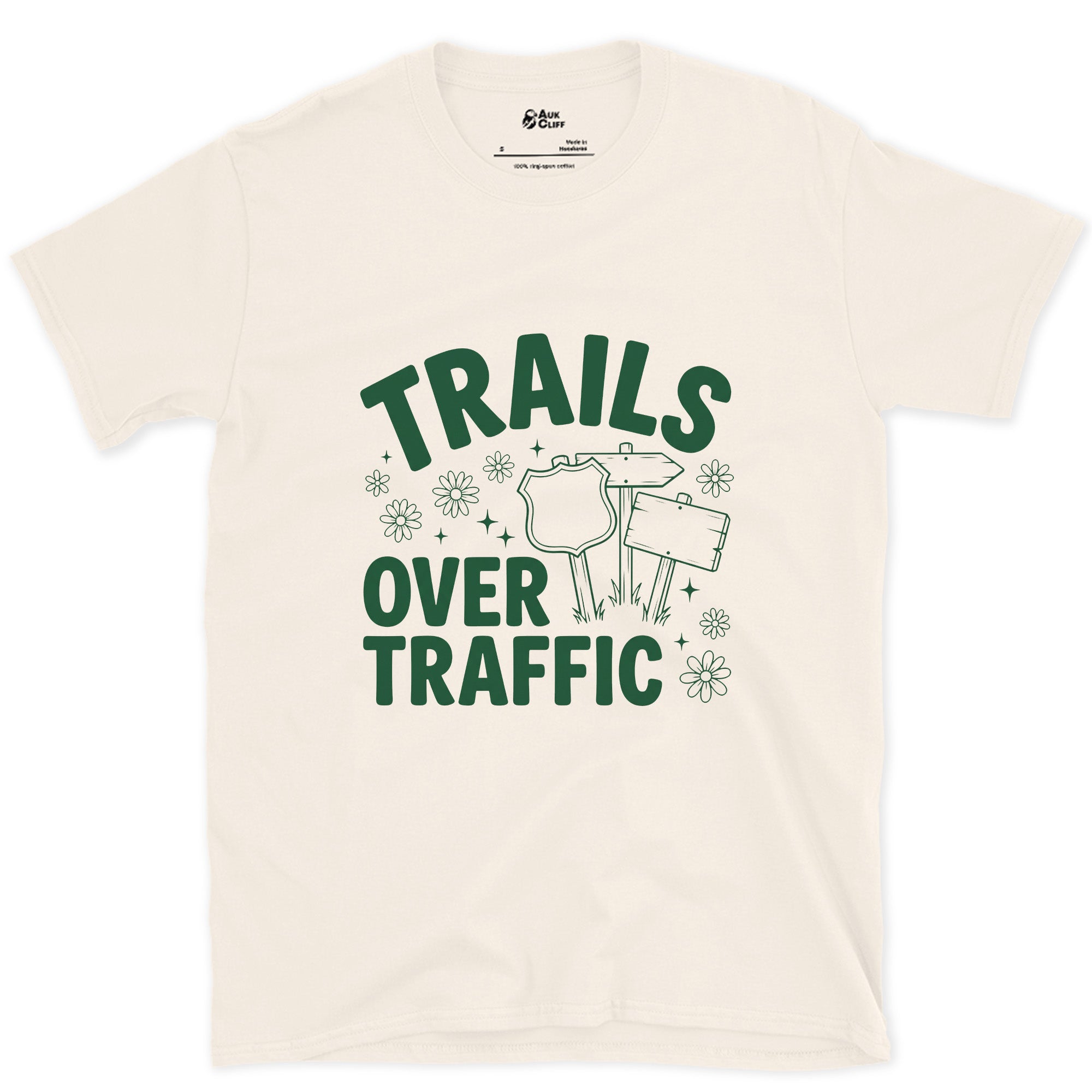 Trails Over Traffic, Trail Sign design on a Natural Gildan Softstyle t-shirt
