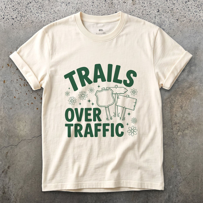 Trails Over Traffic, Trail Sign design on a Natural Gildan Softstyle t-shirt
