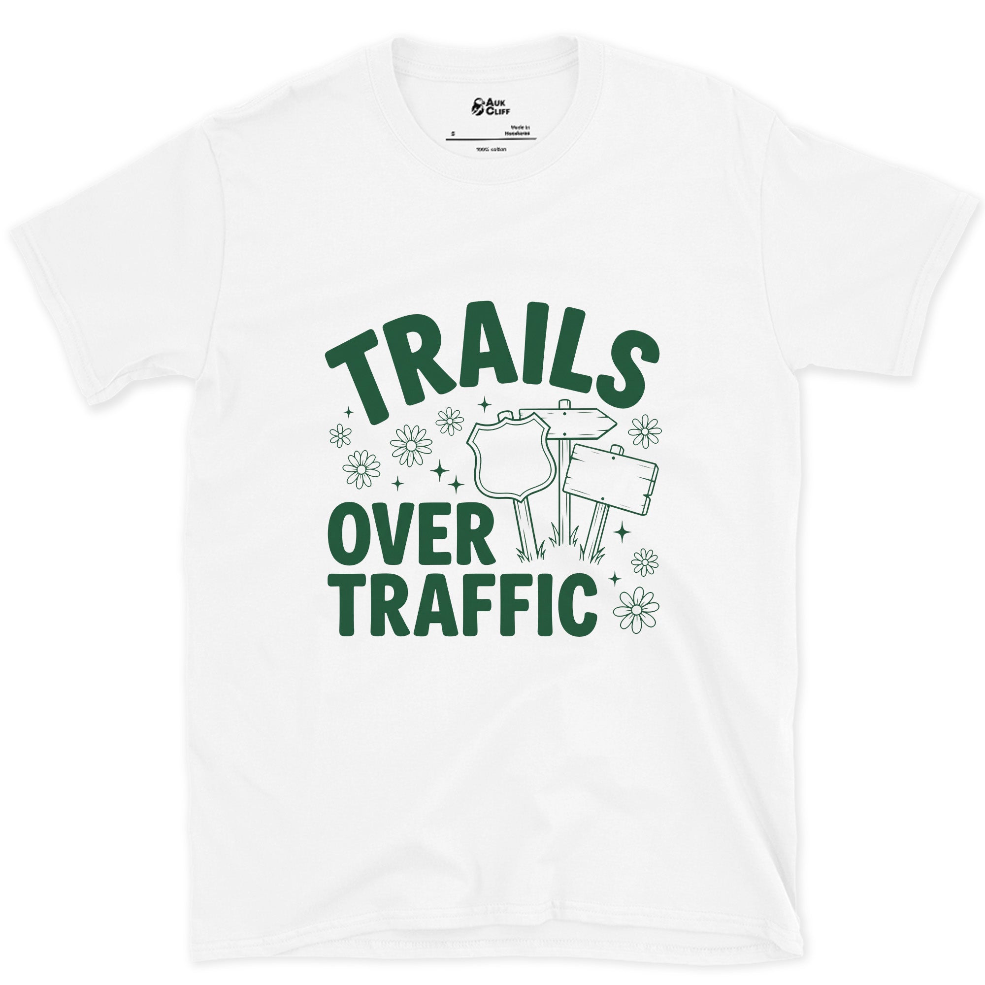 Trails Over Traffic, Trail Sign design on a White Gildan Softstyle t-shirt