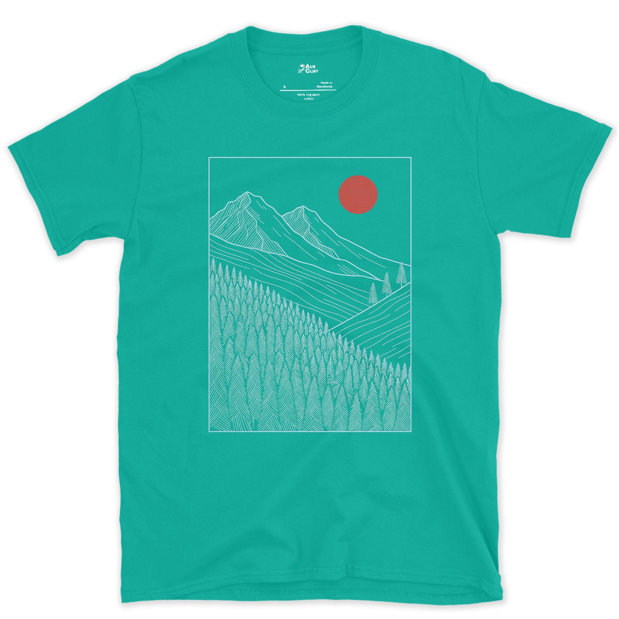 Where the Trees Give Up, Mountain Treeline design on a Jade Dome Gildan Softstyle t-shirt