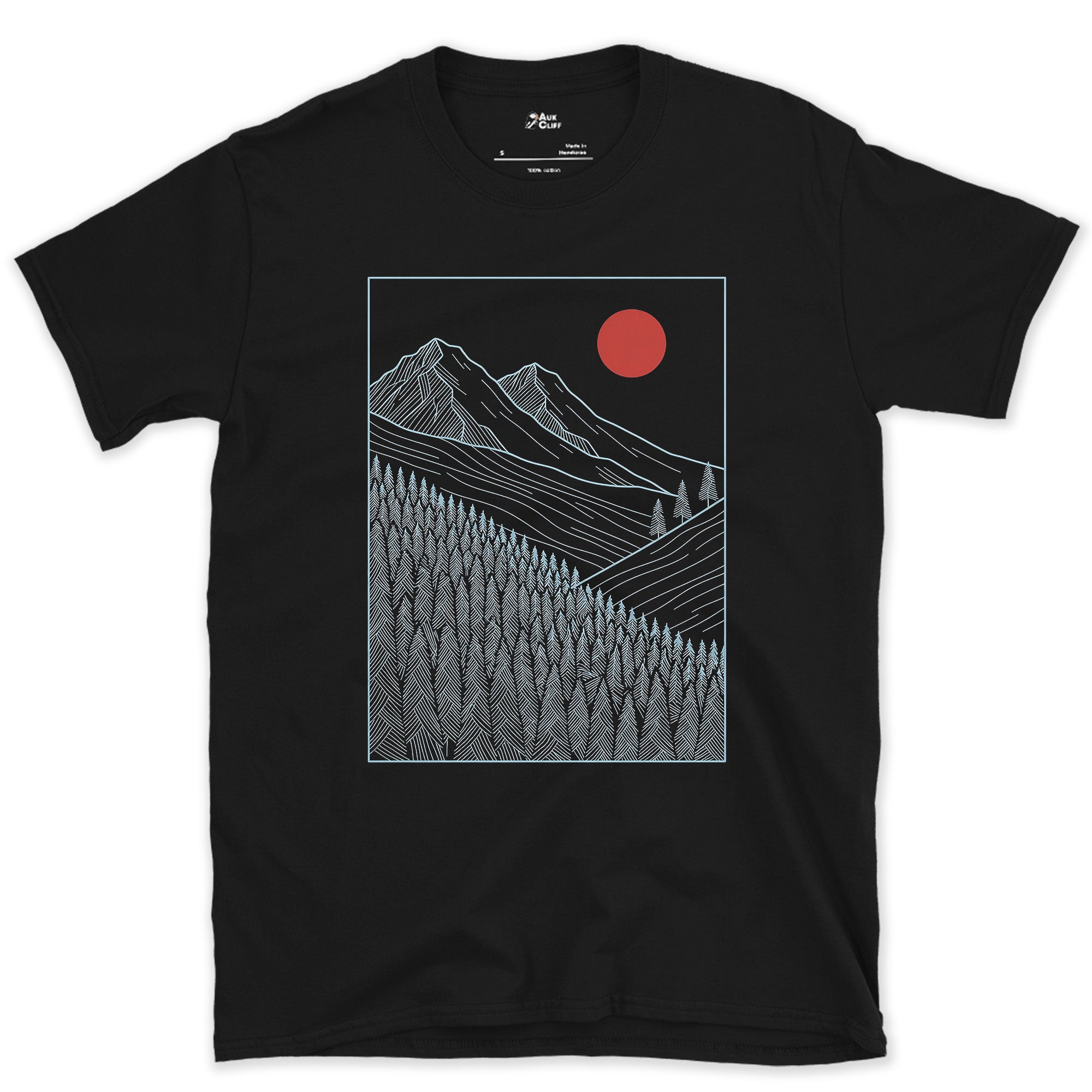 Where the Trees Give Up, Mountain Treeline design on a Black Gildan Softstyle t-shirt
