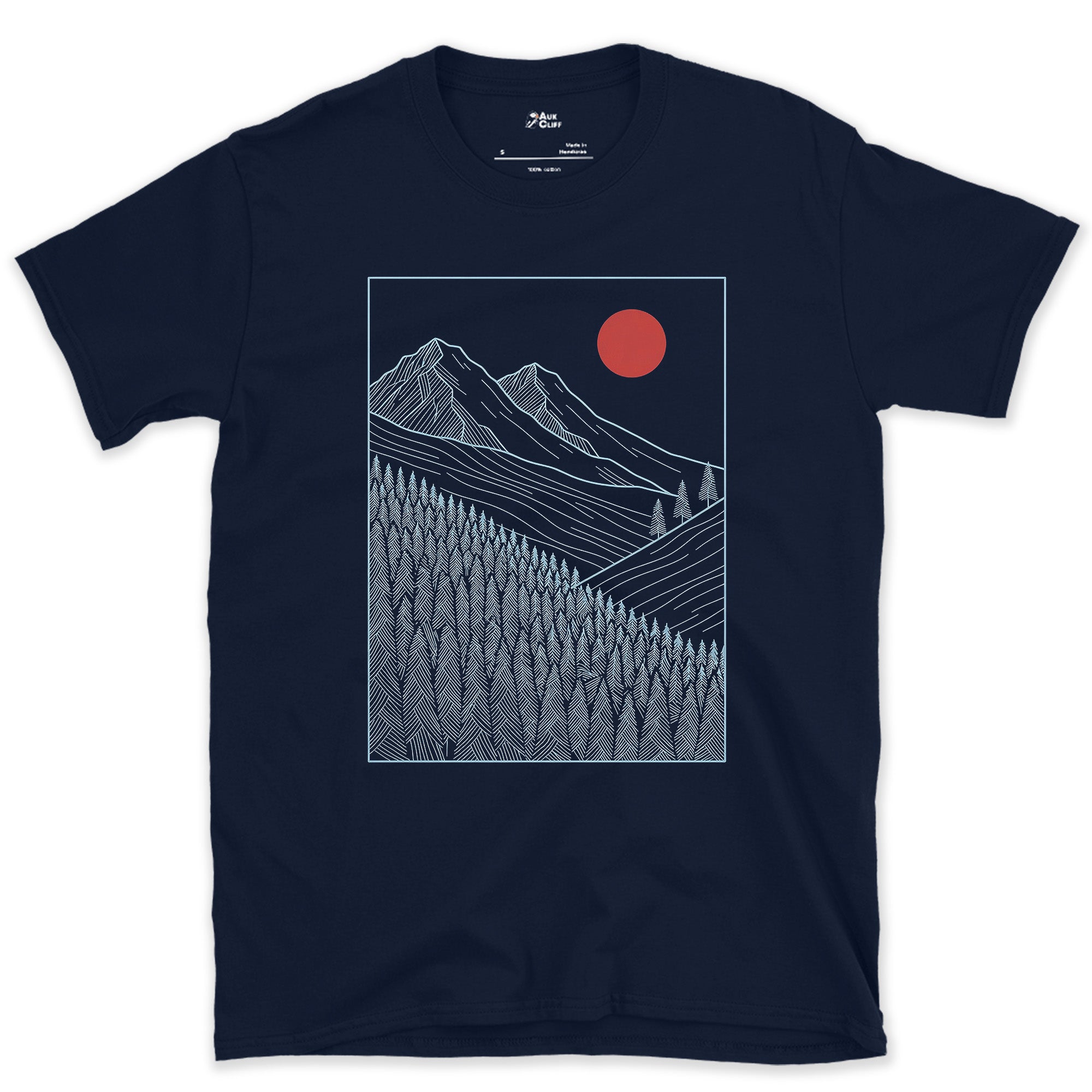 Where the Trees Give Up, Mountain Treeline design on a Navy Gildan Softstyle t-shirt