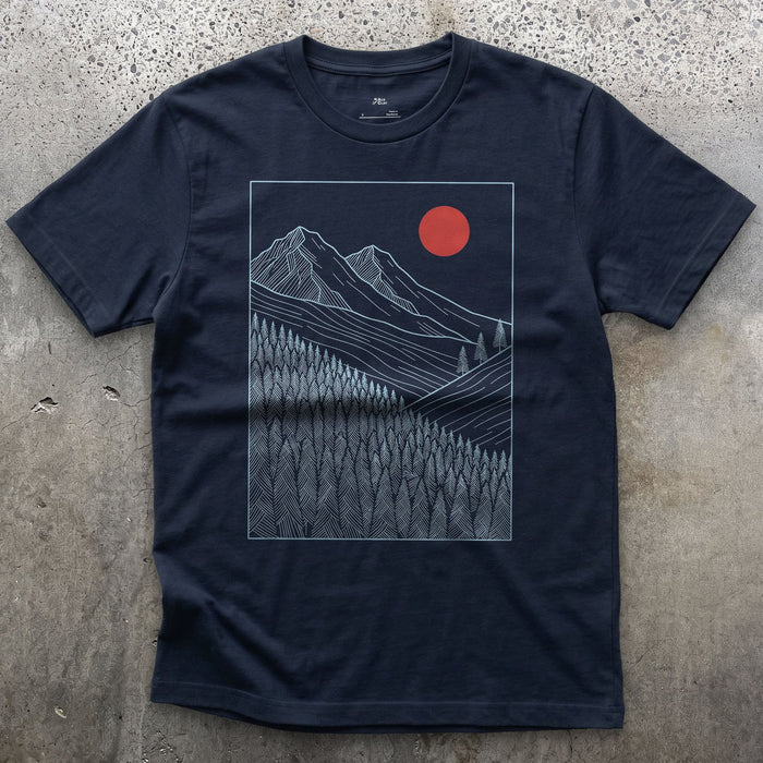 Where the Trees Give Up, Mountain Treeline design on a Navy Gildan Softstyle t-shirt