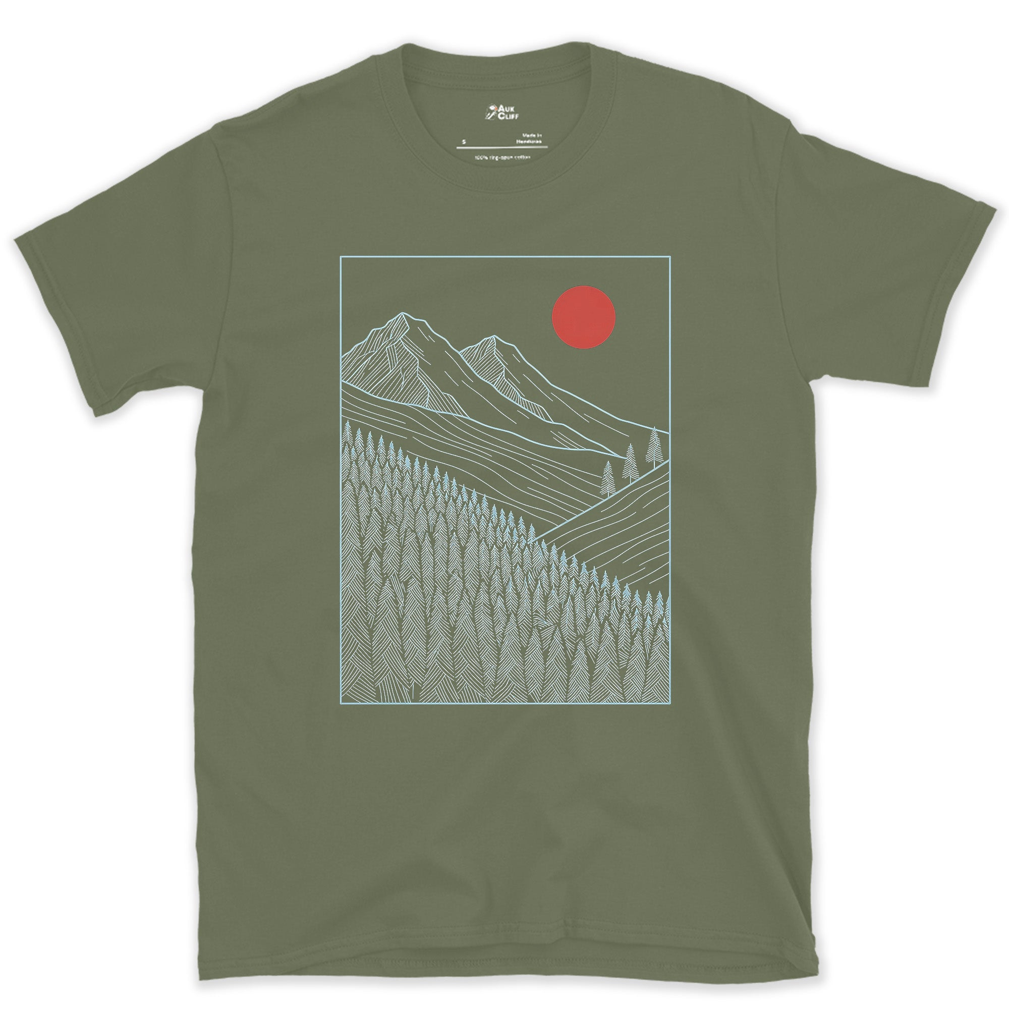 Where the Trees Give Up, Mountain Treeline design on a Military Green Gildan Softstyle t-shirt