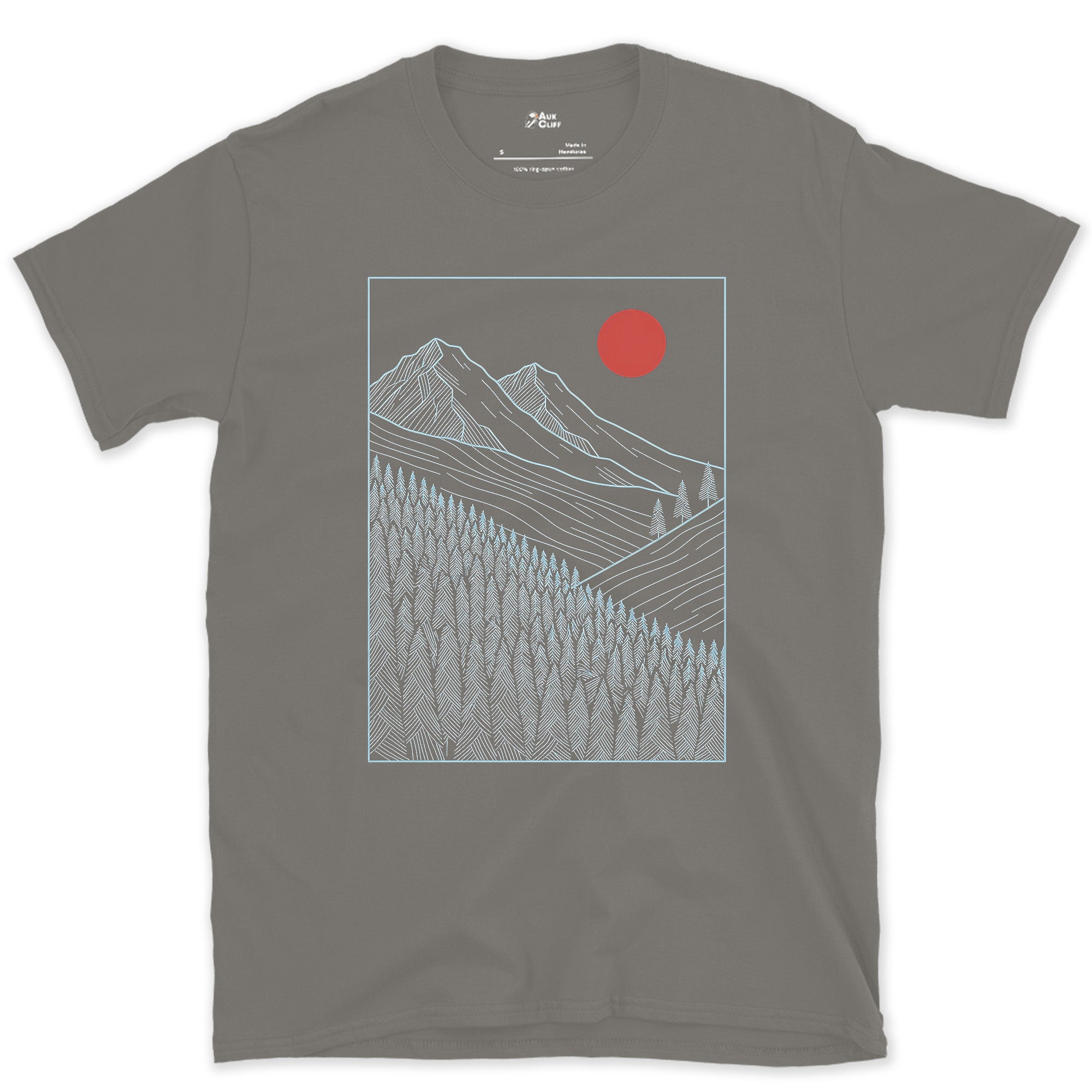 Where the Trees Give Up, Mountain Treeline design on a Charcoal Gildan Softstyle t-shirt