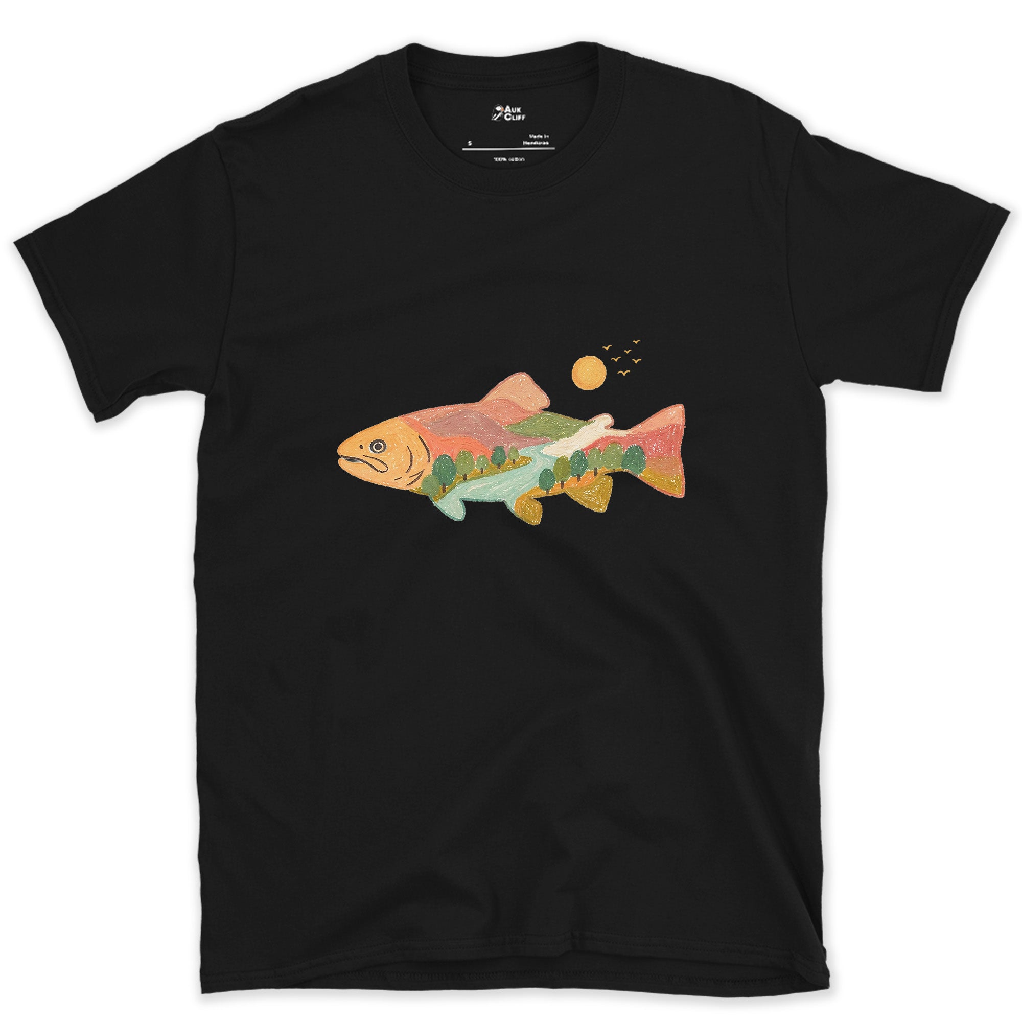 A Whole Country Inside a Trout design on a Black Gildan Softstyle t-shirt