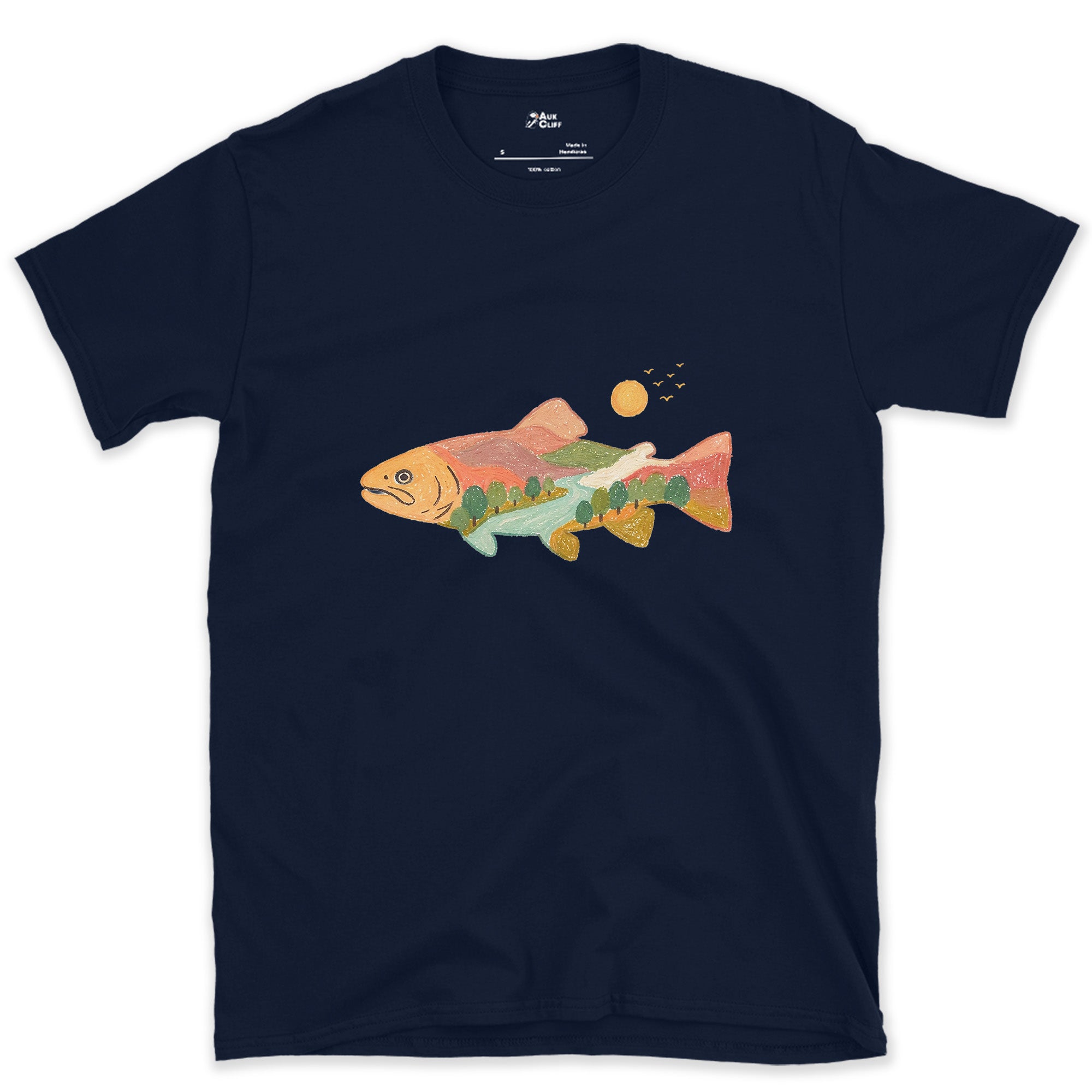 A Whole Country Inside a Trout design on a Navy Gildan Softstyle t-shirt
