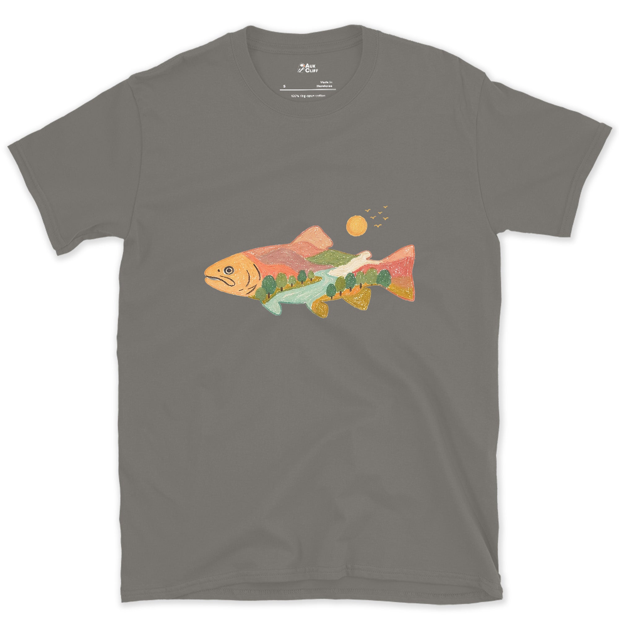 A Whole Country Inside a Trout design on a Charcoal Gildan Softstyle t-shirt