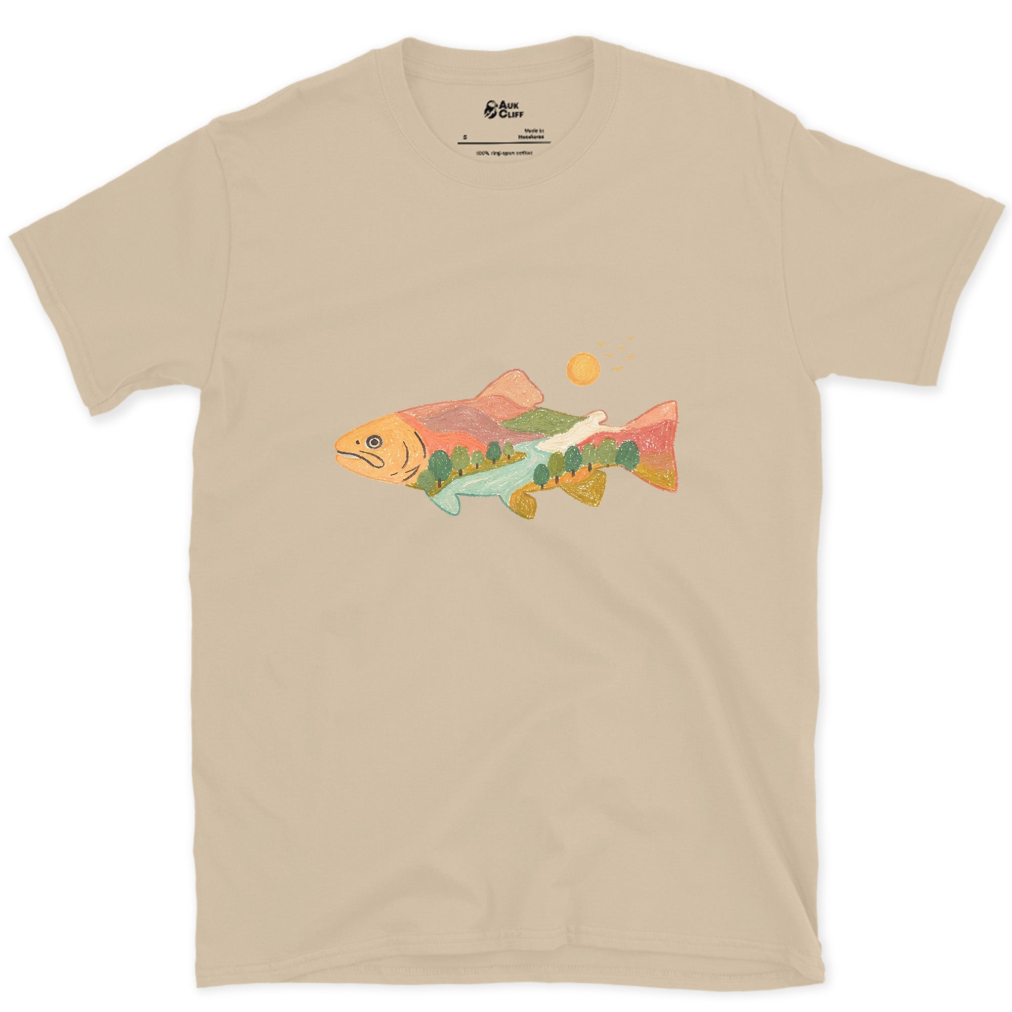A Whole Country Inside a Trout design on a Sand Gildan Softstyle t-shirt