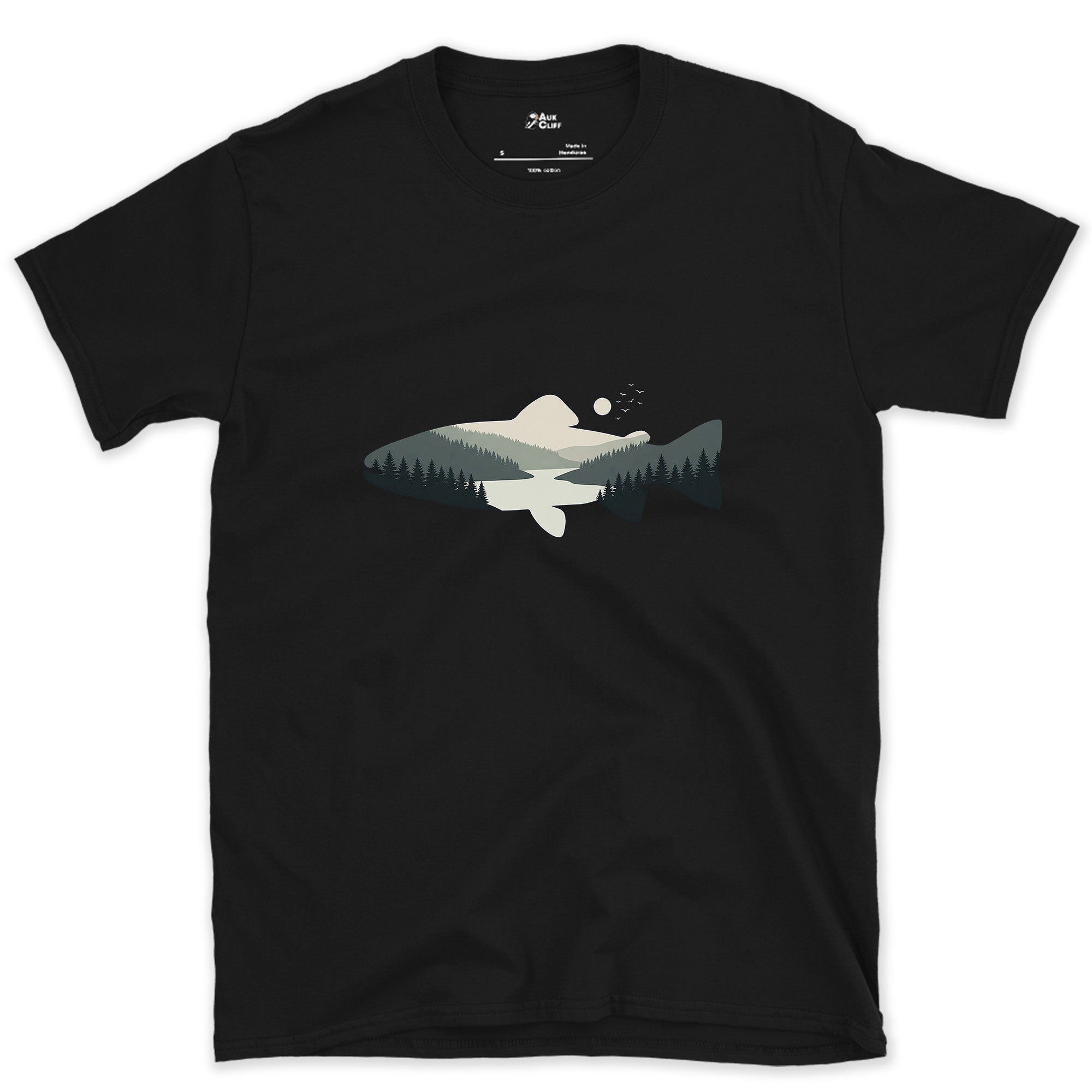 Grey Ranges Stacked Inside a Trout design on a Black Gildan Softstyle t-shirt