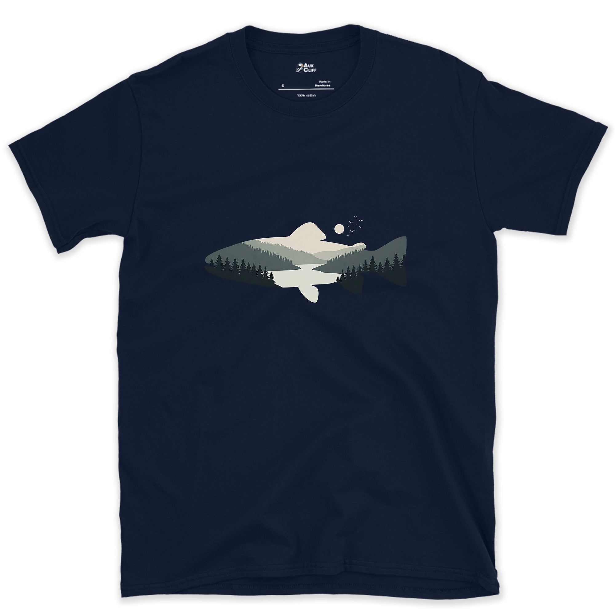 Grey Ranges Stacked Inside a Trout design on a Navy Gildan Softstyle t-shirt