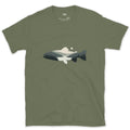 Grey Ranges Stacked Inside a Trout design on a Military Green Gildan Softstyle t-shirt
