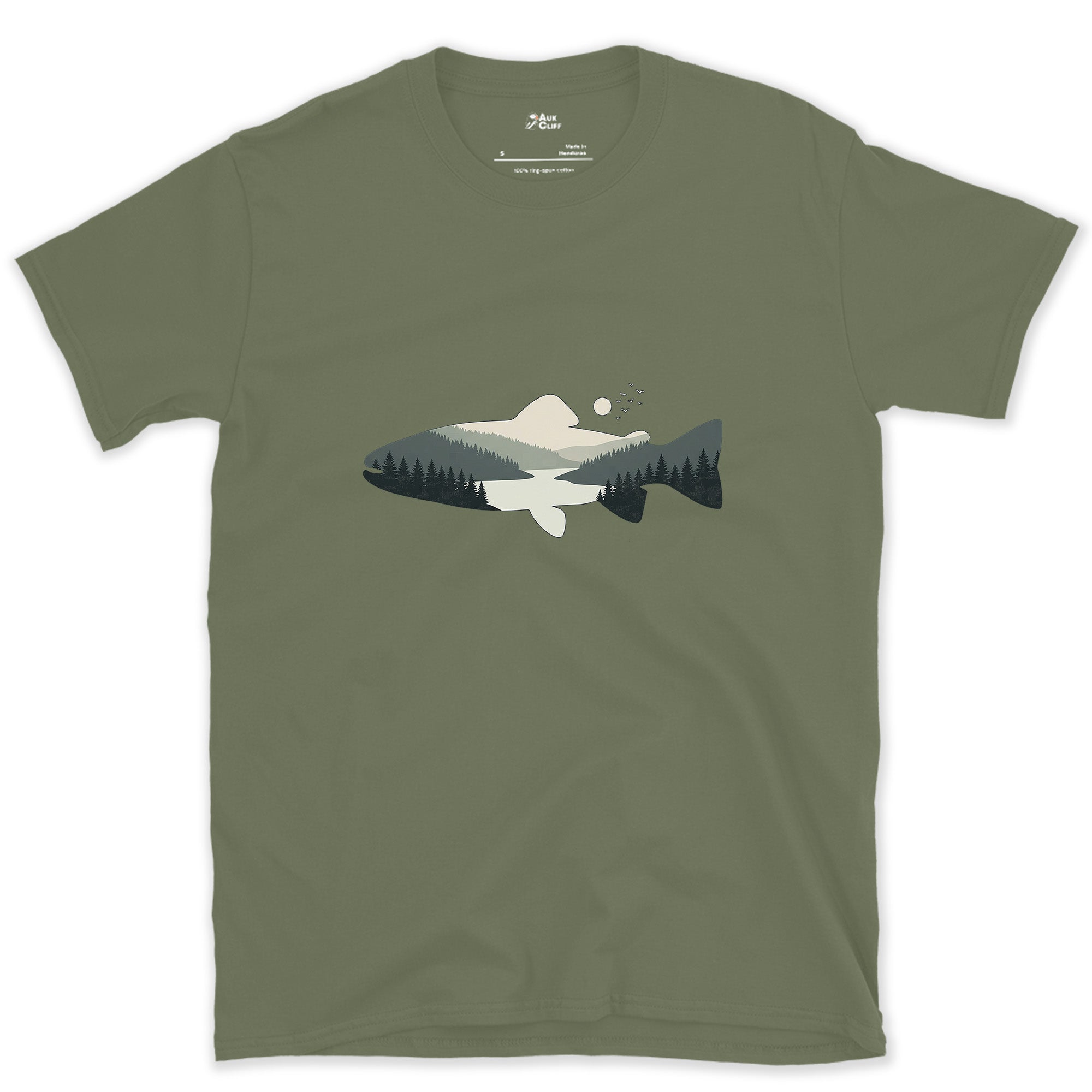 Grey Ranges Stacked Inside a Trout design on a Military Green Gildan Softstyle t-shirt