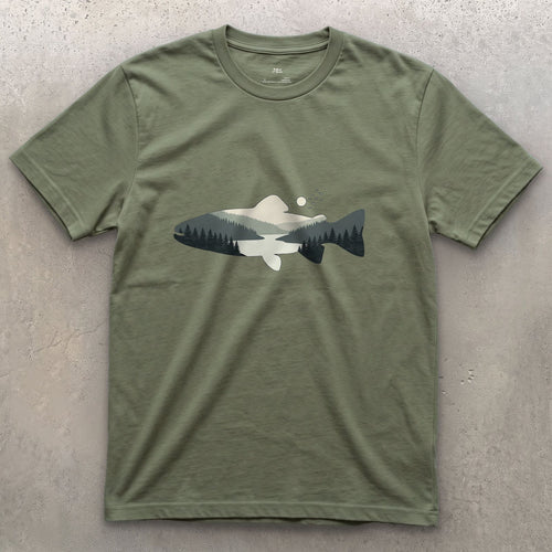 Grey Ranges Stacked Inside a Trout design on a Military Green Gildan Softstyle t-shirt