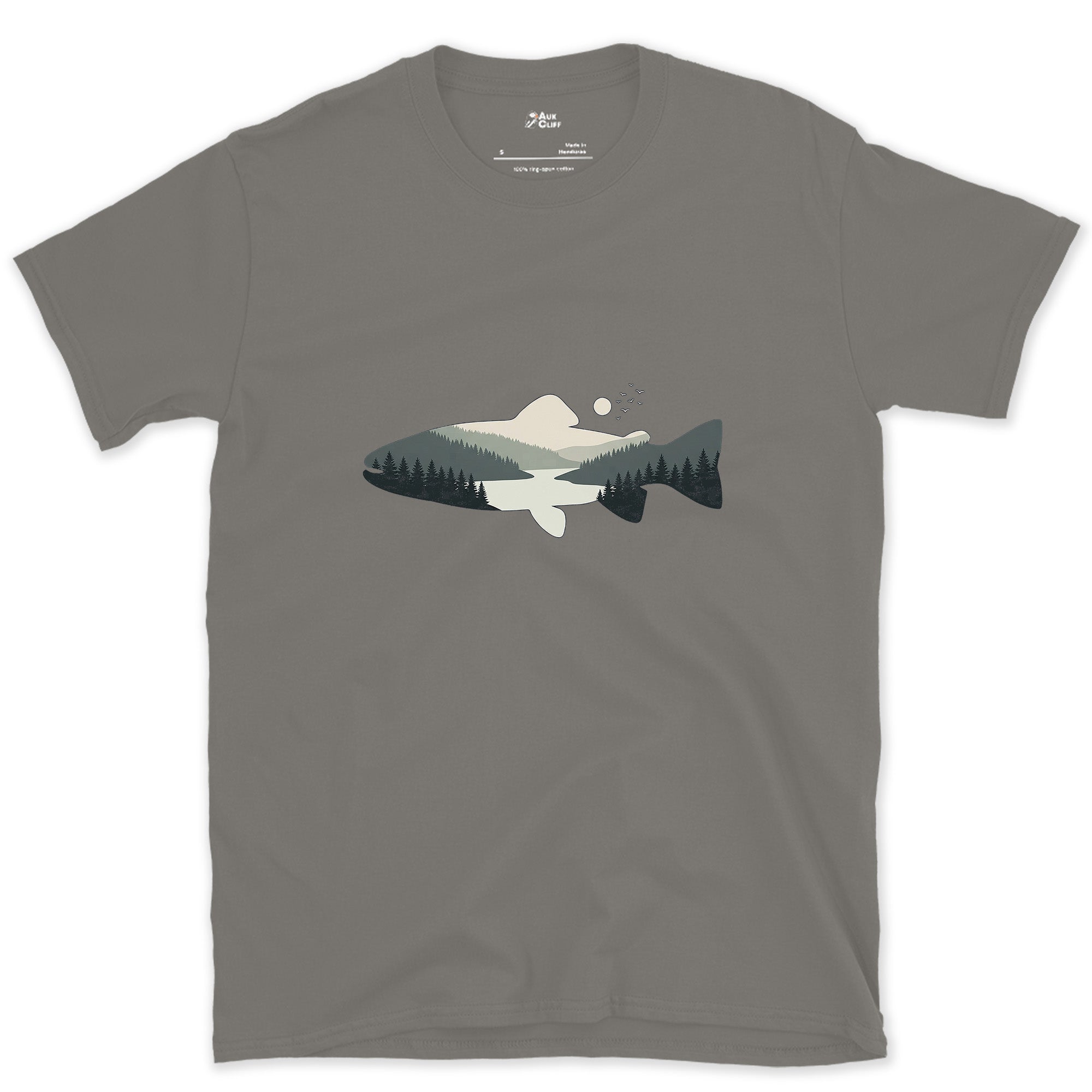 Grey Ranges Stacked Inside a Trout design on a Charcoal Gildan Softstyle t-shirt
