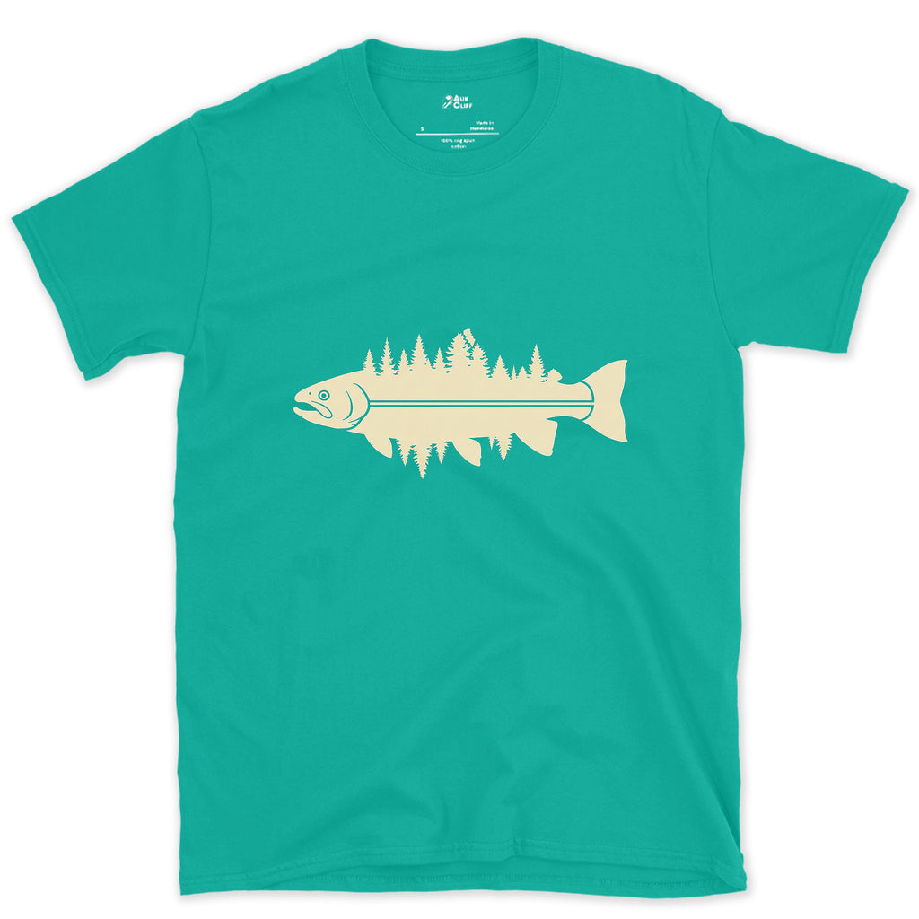 Where the Pines Meet the Water, Trout design on a Jade Dome Gildan Softstyle t-shirt
