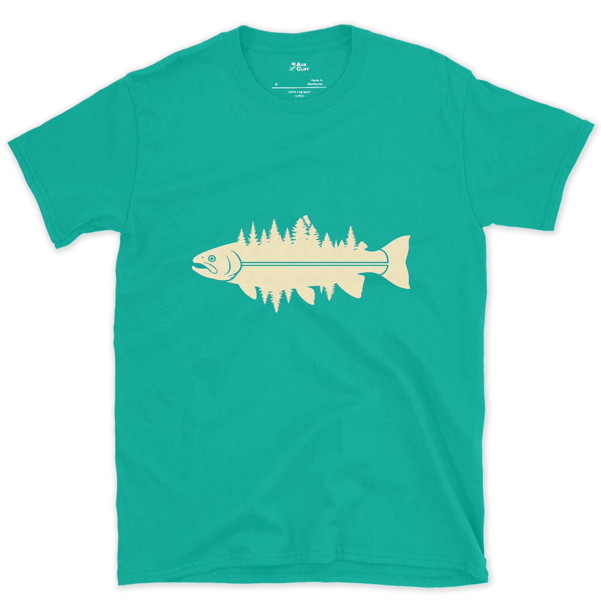 Where the Pines Meet the Water, Trout design on a Jade Dome Gildan Softstyle t-shirt