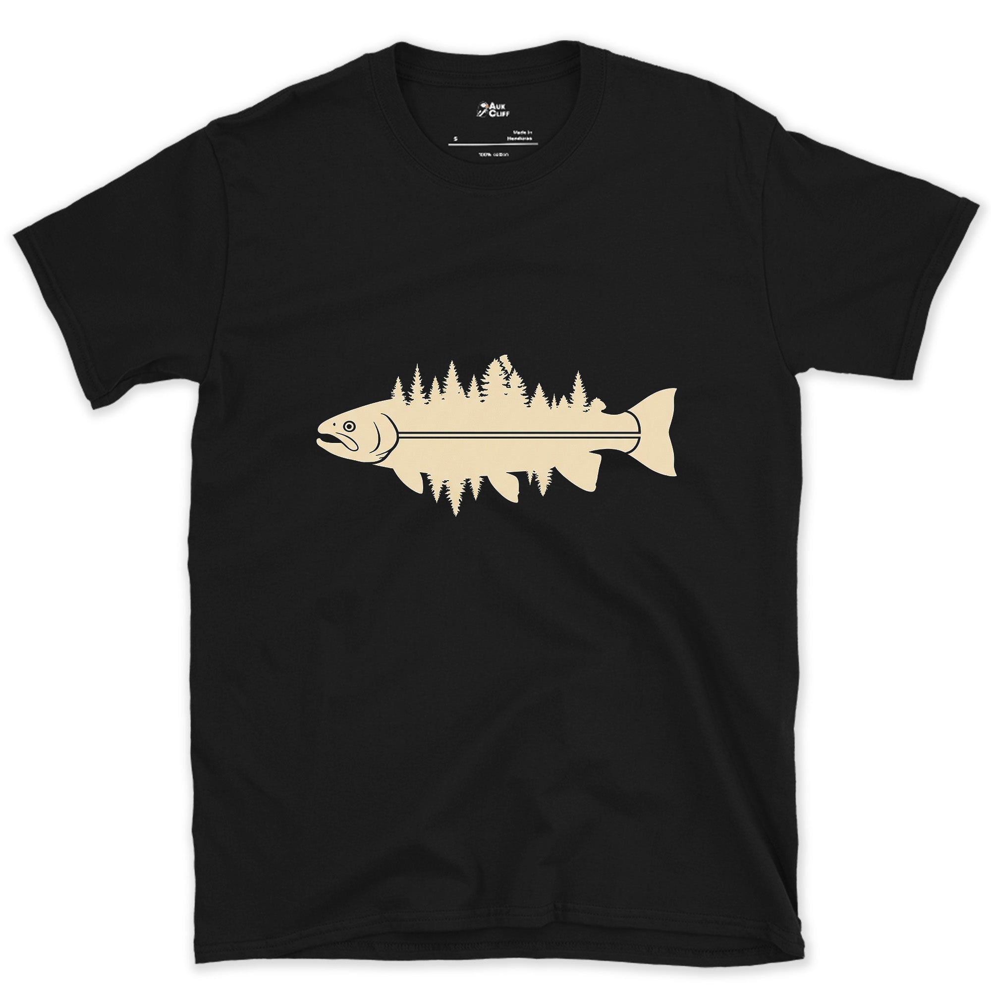 Where the Pines Meet the Water, Trout design on a Black Gildan Softstyle t-shirt
