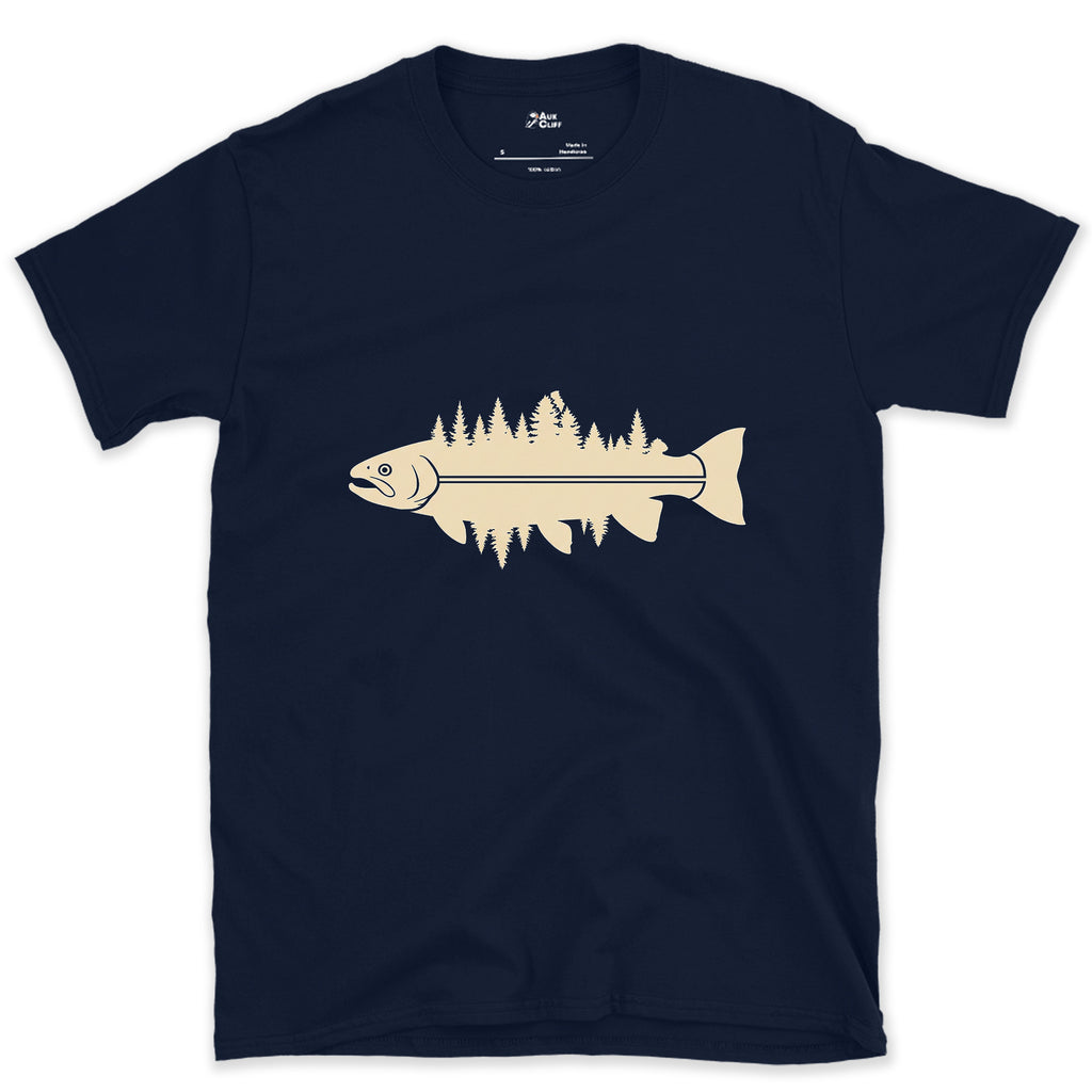 Where the Pines Meet the Water, Trout design on a Navy Gildan Softstyle t-shirt