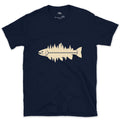 Where the Pines Meet the Water, Trout design on a Navy Gildan Softstyle t-shirt