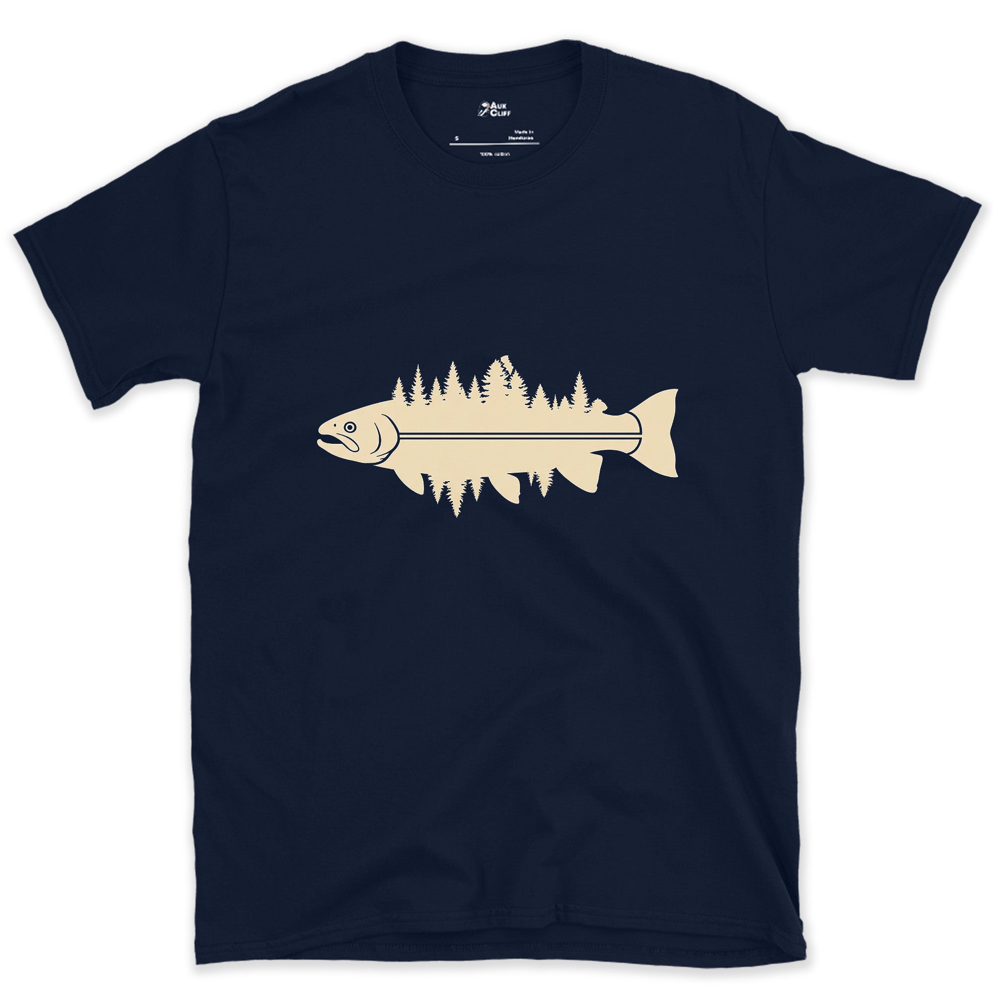 Where the Pines Meet the Water, Trout design on a Navy Gildan Softstyle t-shirt
