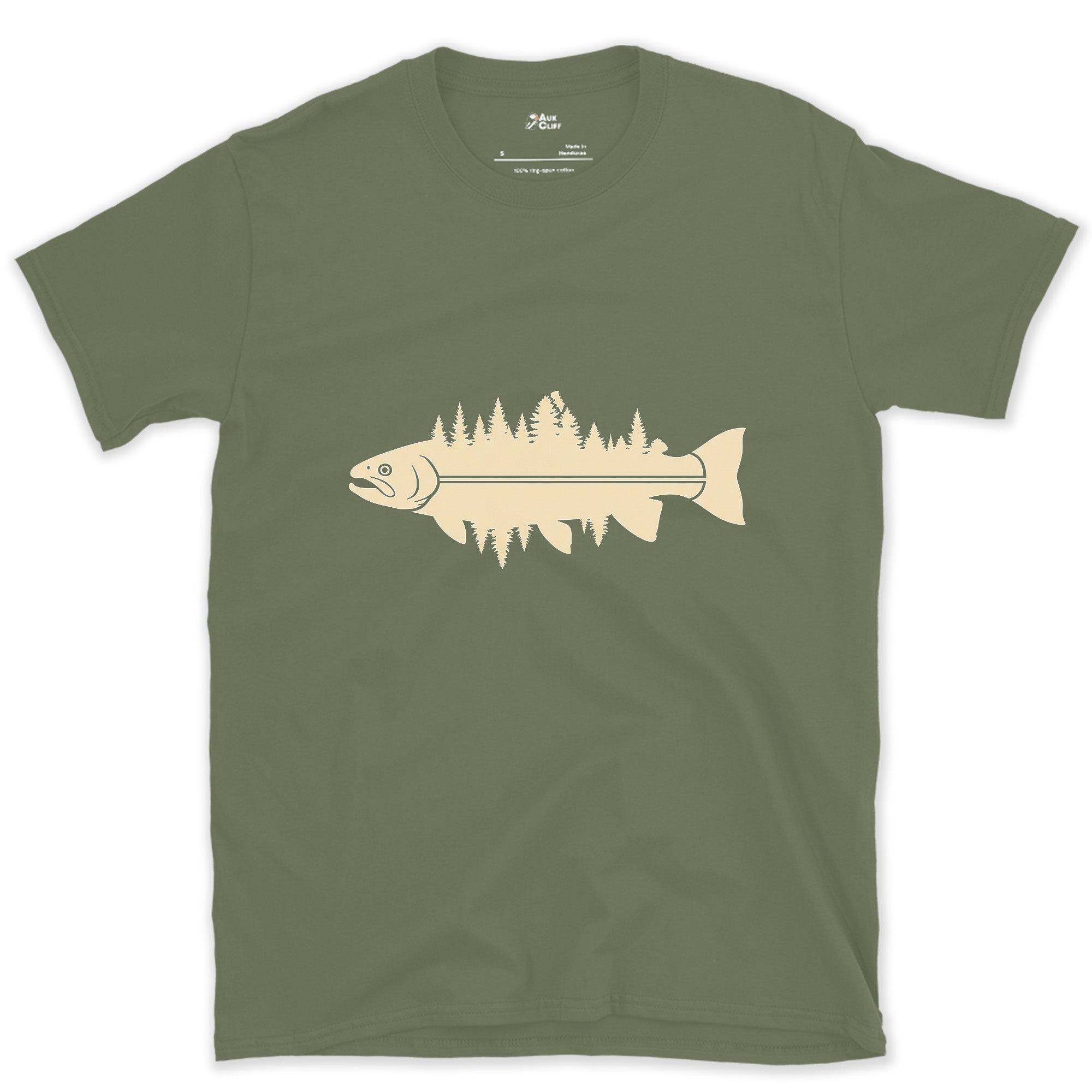 Where the Pines Meet the Water, Trout design on a Military Green Gildan Softstyle t-shirt