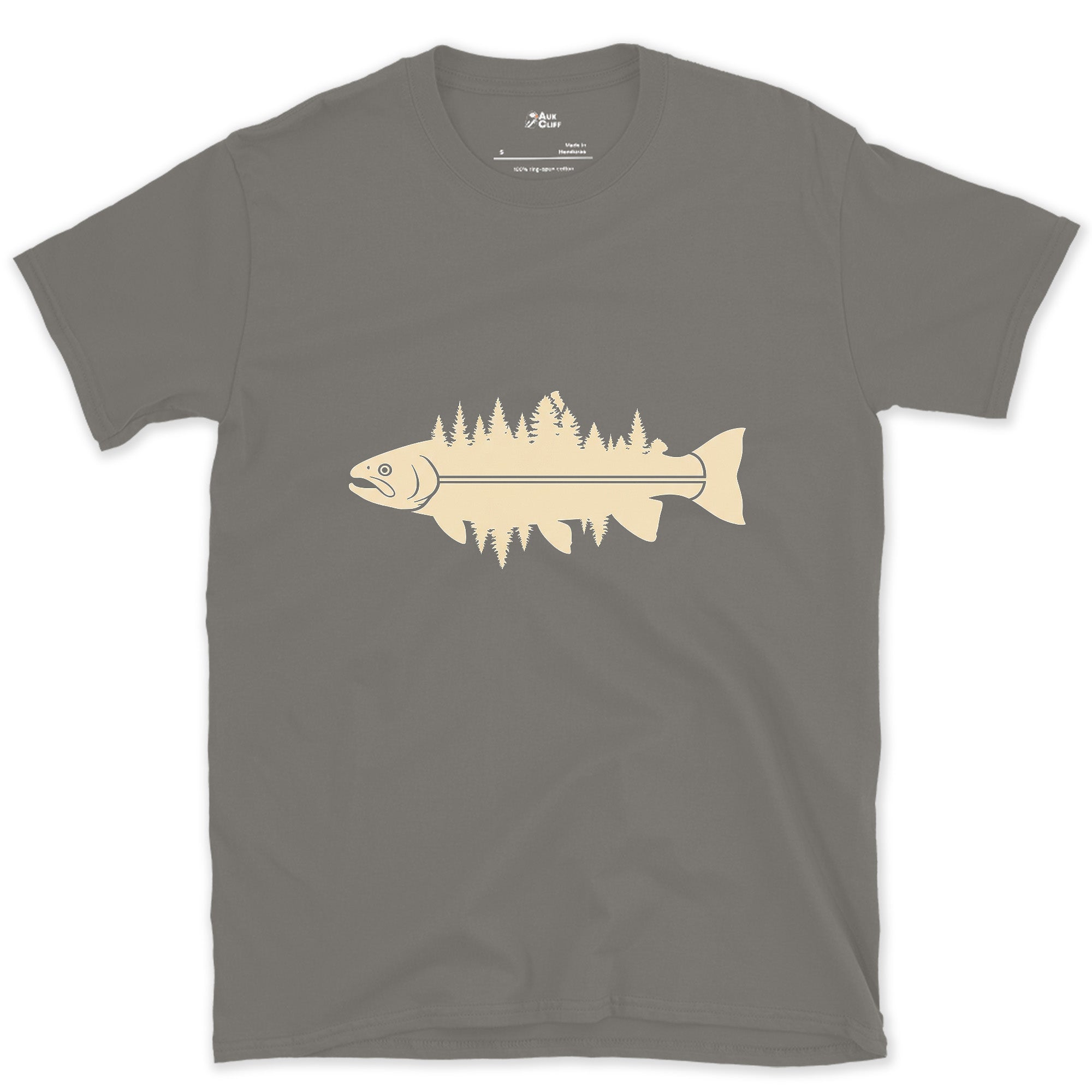 Where the Pines Meet the Water, Trout design on a Charcoal Gildan Softstyle t-shirt