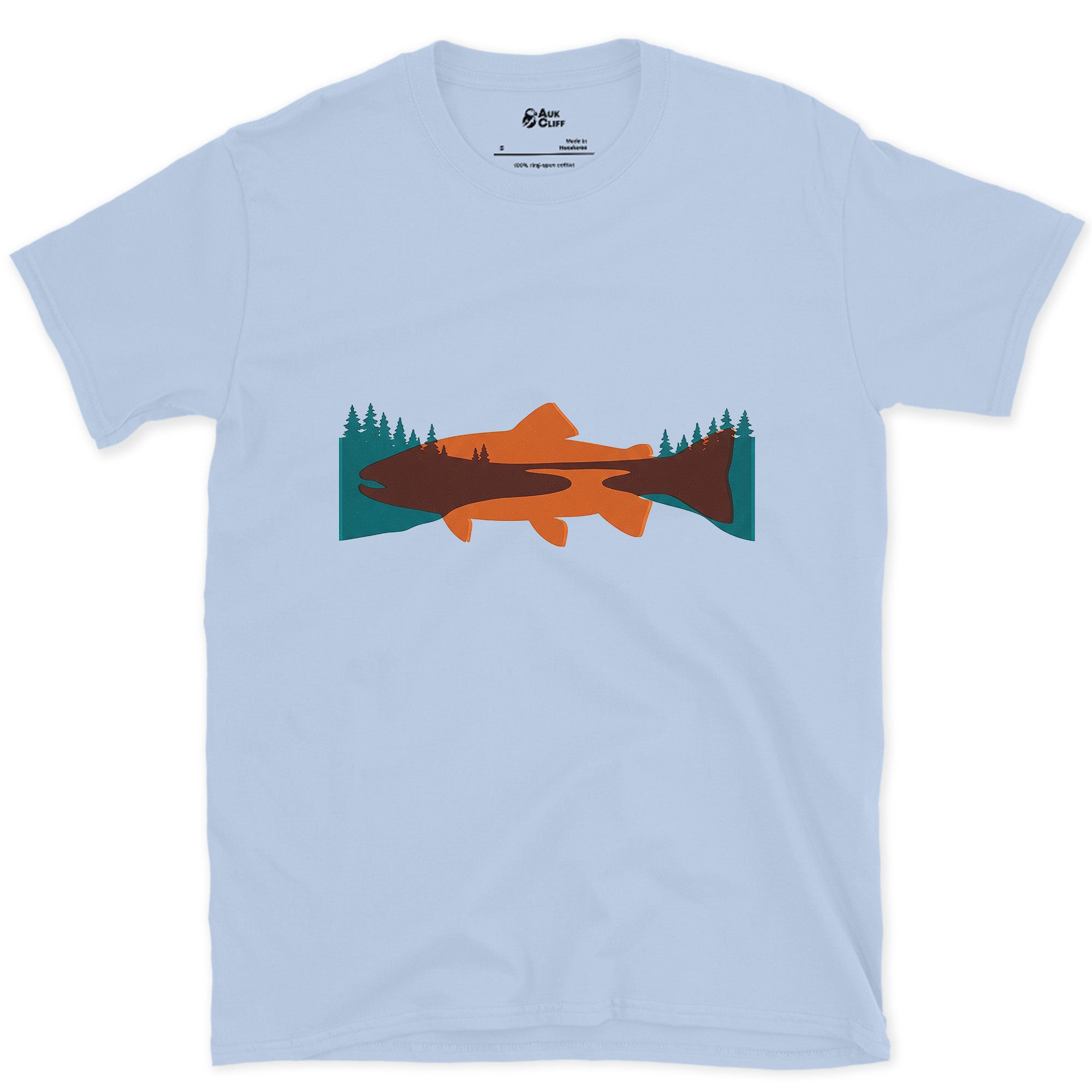 Orange and Teal Trout Holding a Valley design on a Light Blue Gildan Softstyle t-shirt