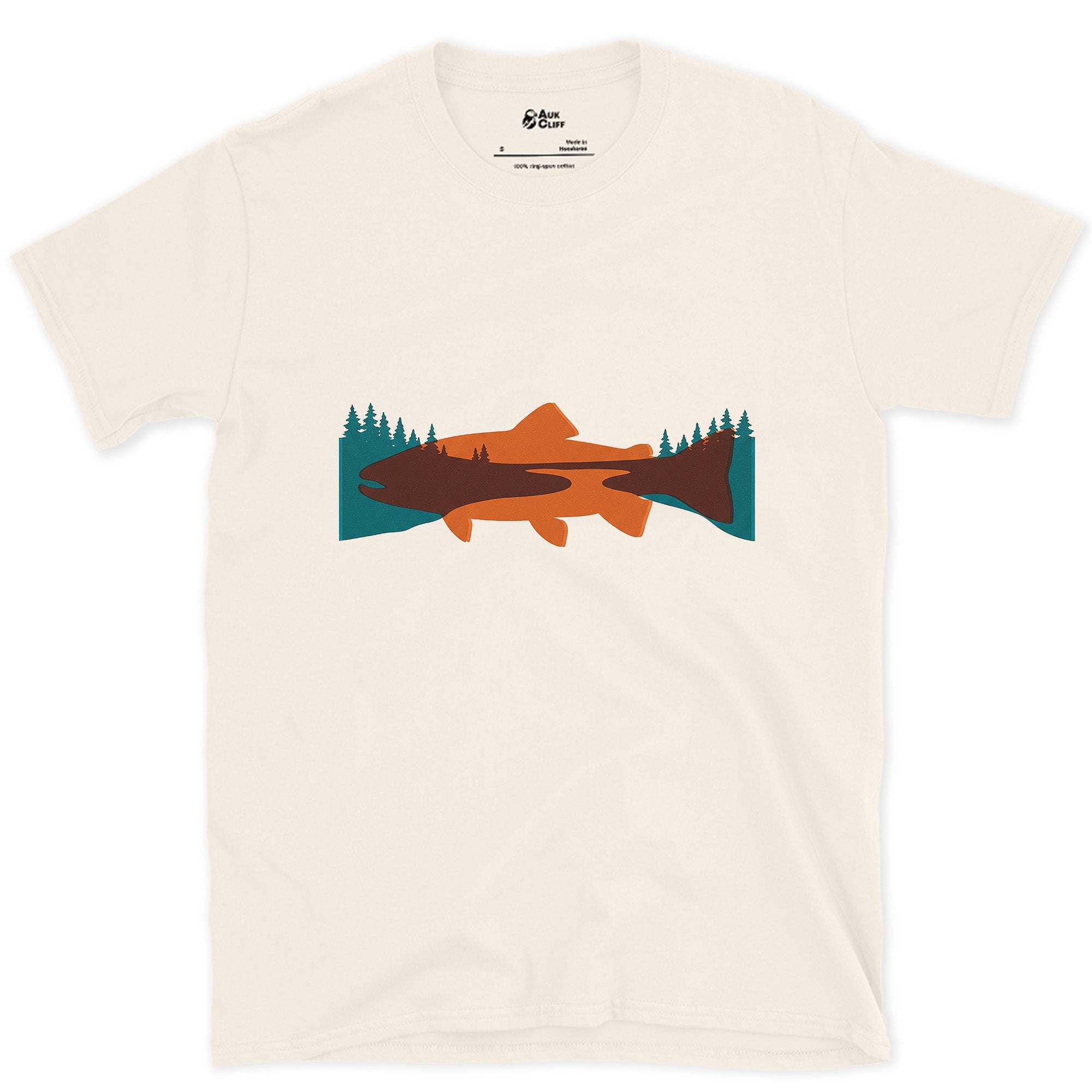 Orange and Teal Trout Holding a Valley design on a Natural Gildan Softstyle t-shirt