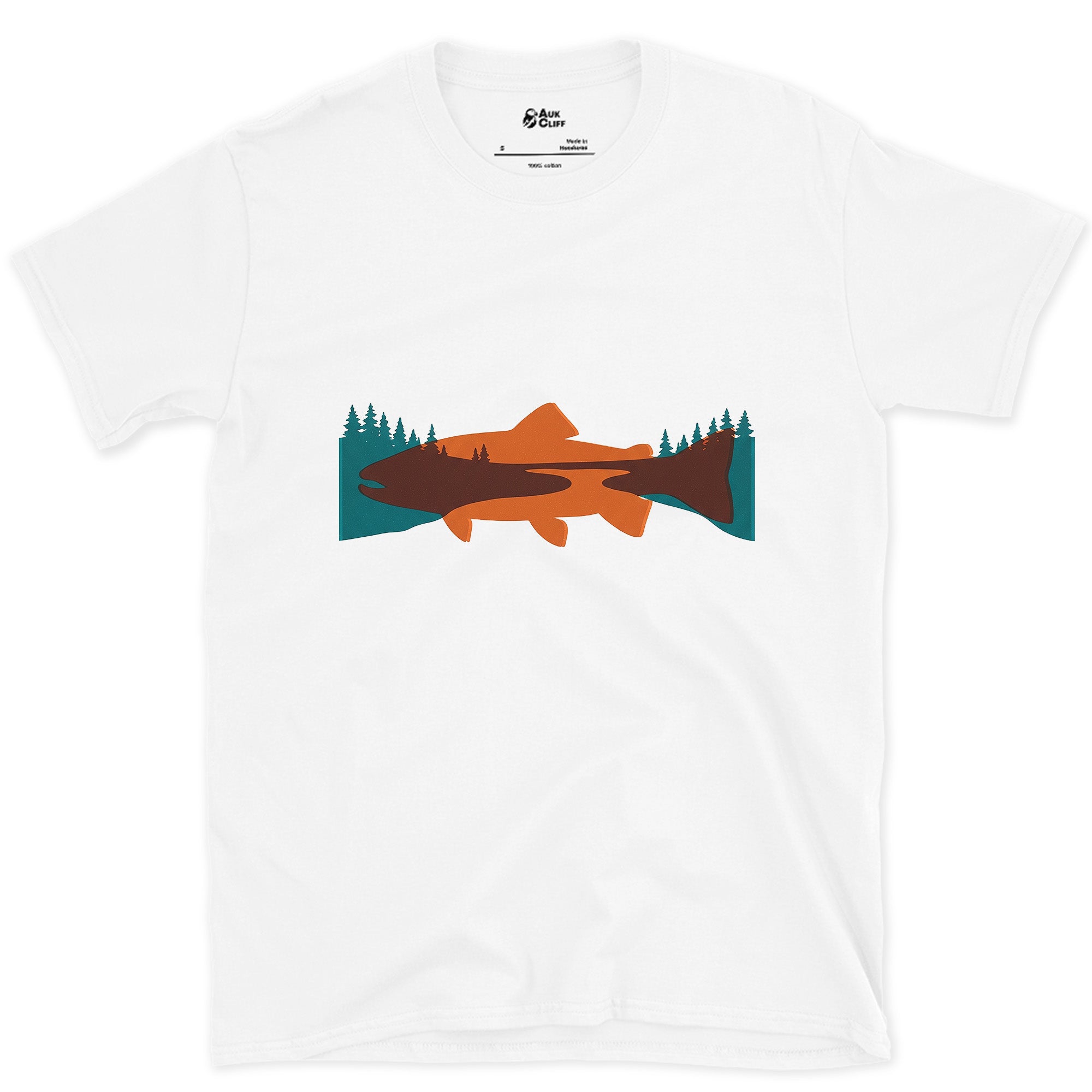 Orange and Teal Trout Holding a Valley design on a White Gildan Softstyle t-shirt