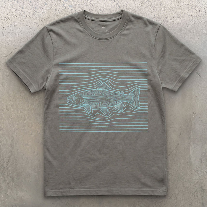 Where the Current Becomes a Trout design on a Charcoal Gildan Softstyle t-shirt