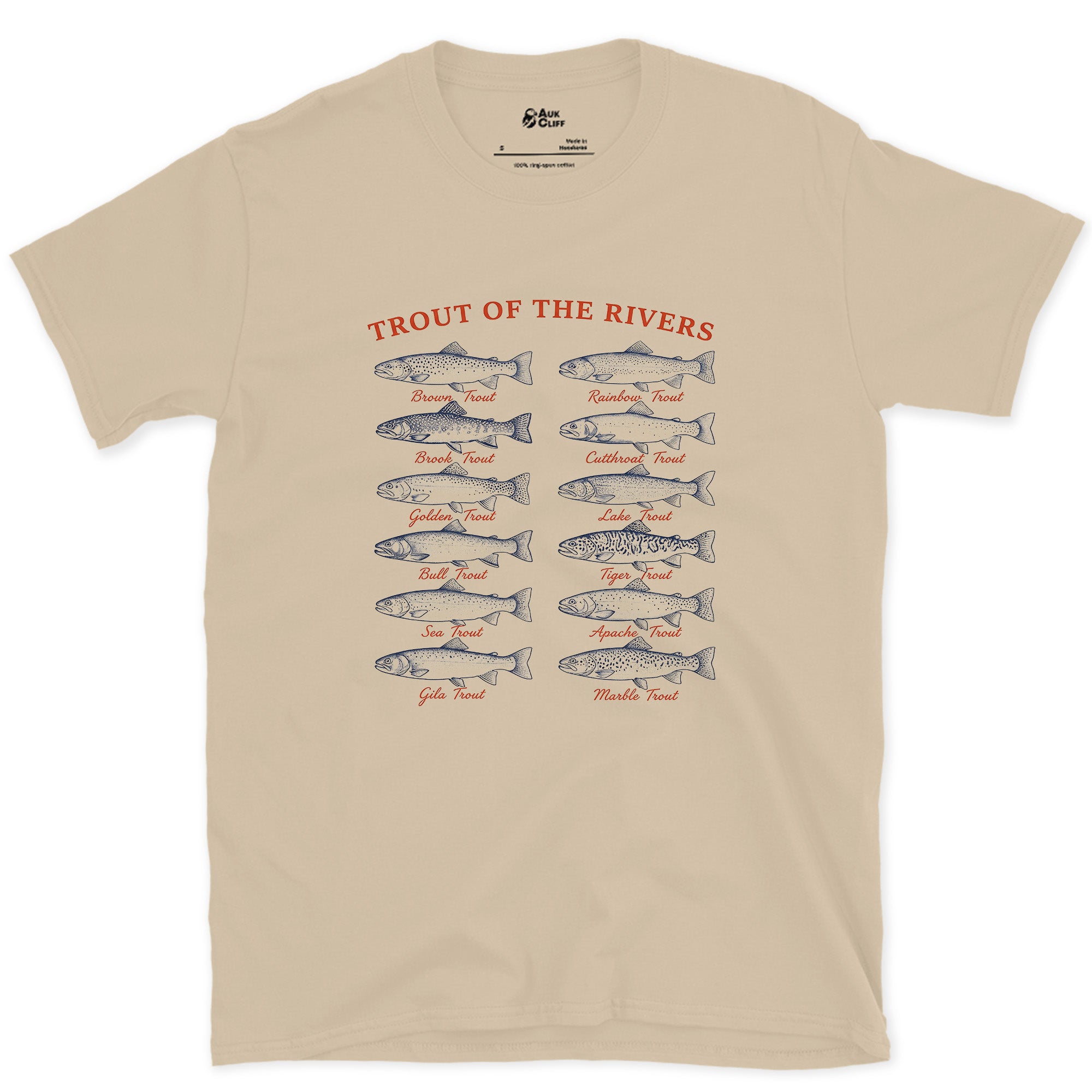Twelve Trout, Named and Labelled design on a Sand Gildan Softstyle t-shirt