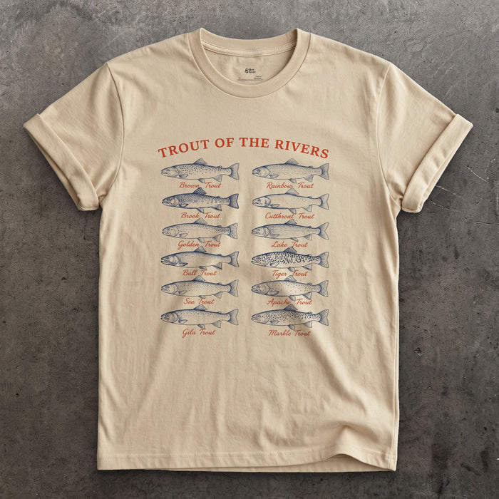 Twelve Trout, Named and Labelled design on a Sand Gildan Softstyle t-shirt