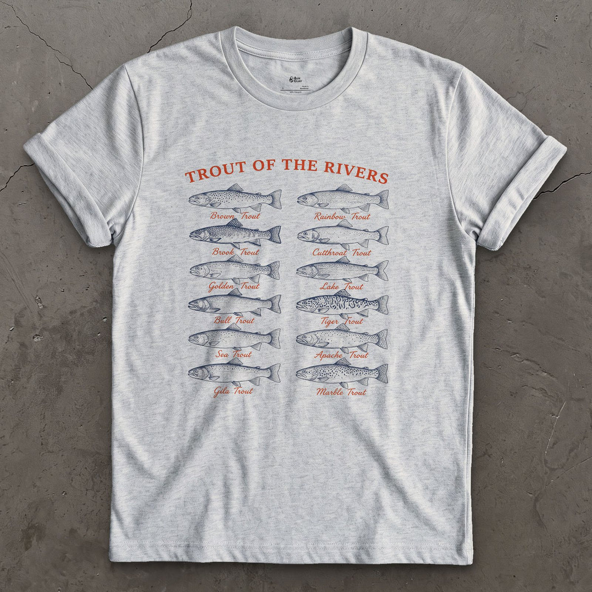 Twelve Trout, Named and Labelled design on a Sport Grey Gildan Softstyle t-shirt