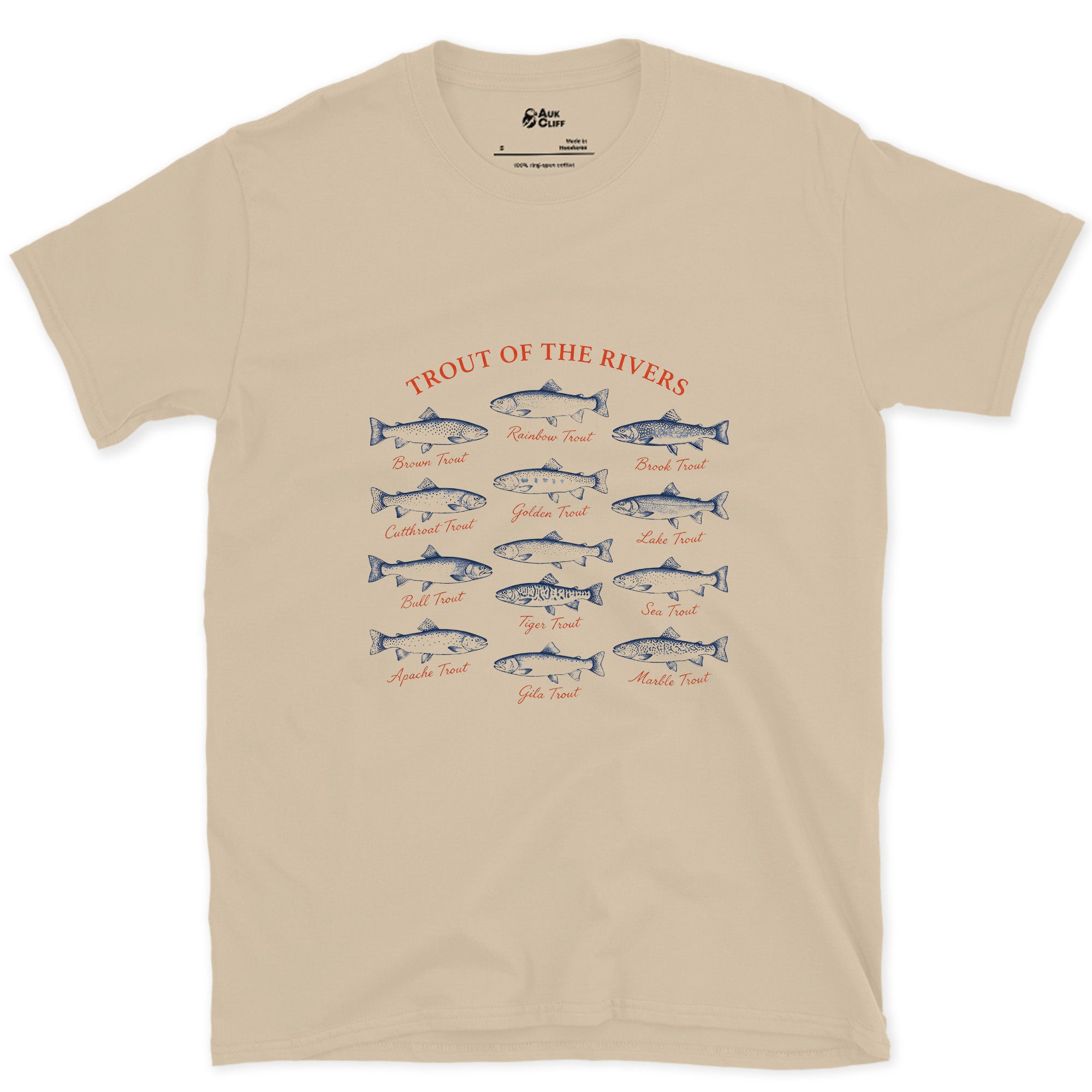 Trout of the Rivers, Field Guide Plate design on a Sand Gildan Softstyle t-shirt