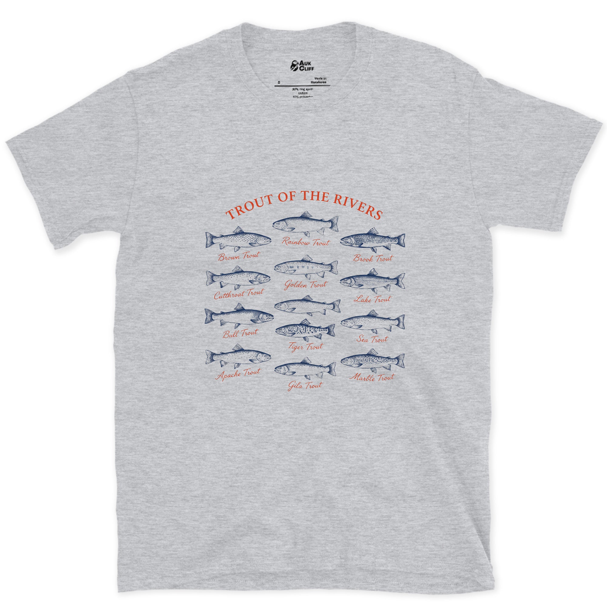 Trout of the Rivers, Field Guide Plate design on a Sport Grey Gildan Softstyle t-shirt