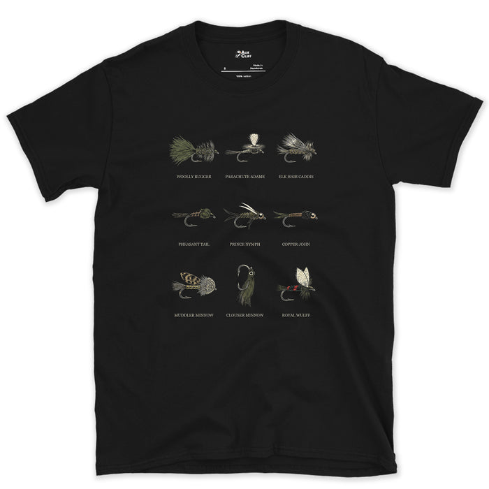 Nine Flies, Laid Out Like a Fly Box design on a Black Gildan Softstyle t-shirt