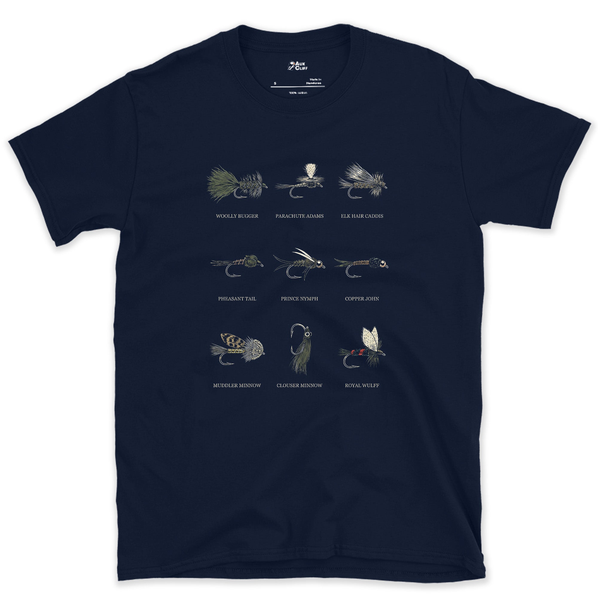 Nine Flies, Laid Out Like a Fly Box design on a Navy Gildan Softstyle t-shirt