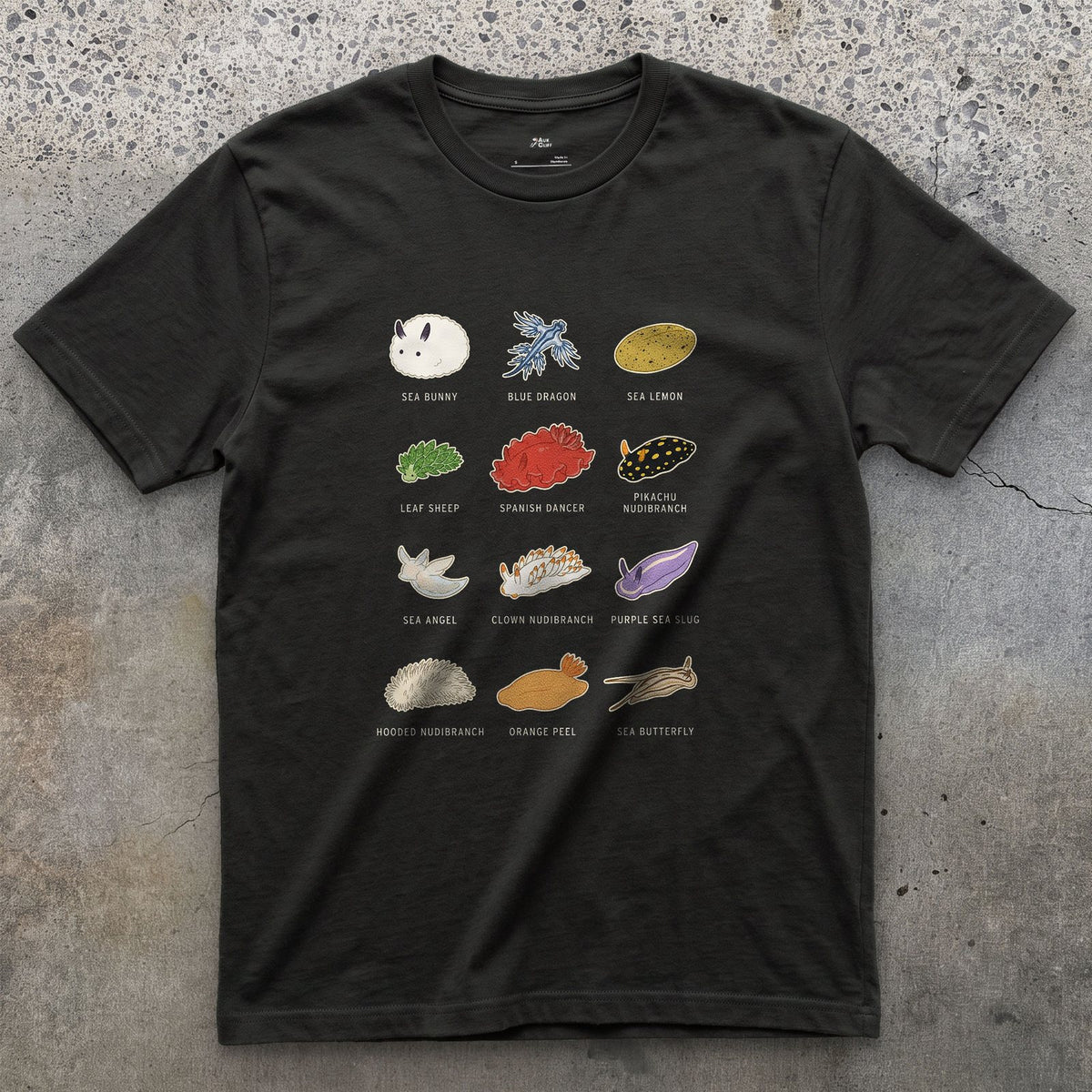 Sea Bunny to Blue Dragon, Twelve Nudibranchs design on a Black Gildan Softstyle t-shirt