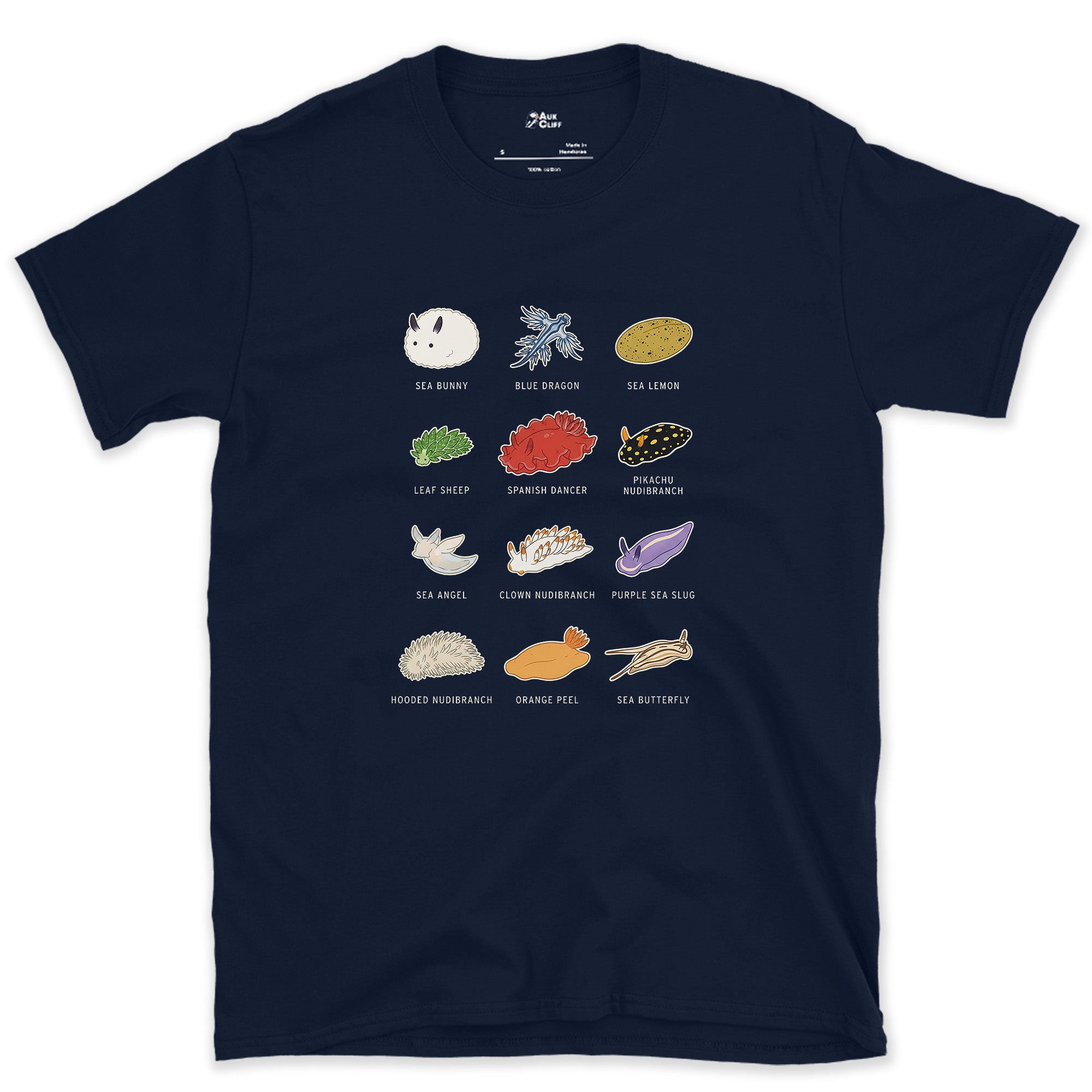 Sea Bunny to Blue Dragon, Twelve Nudibranchs design on a Navy Gildan Softstyle t-shirt