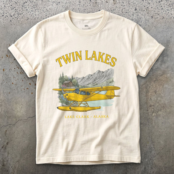 Twin Lakes Bush Plane design on a Natural Gildan Softstyle t-shirt