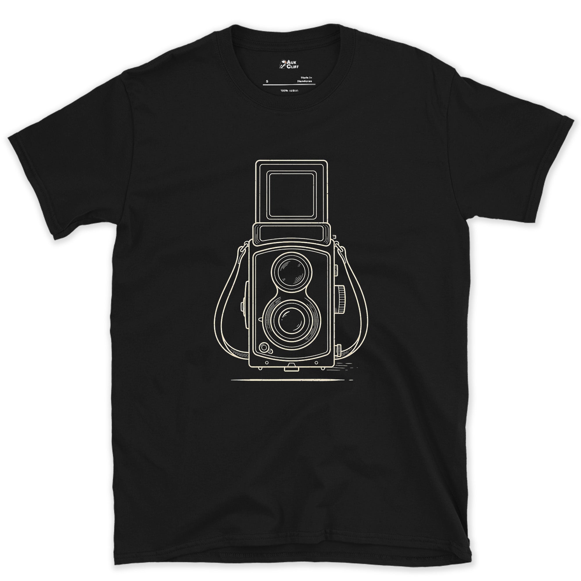 Down Into It, Never Through It, Twin Lens design on a Black Gildan Softstyle t-shirt