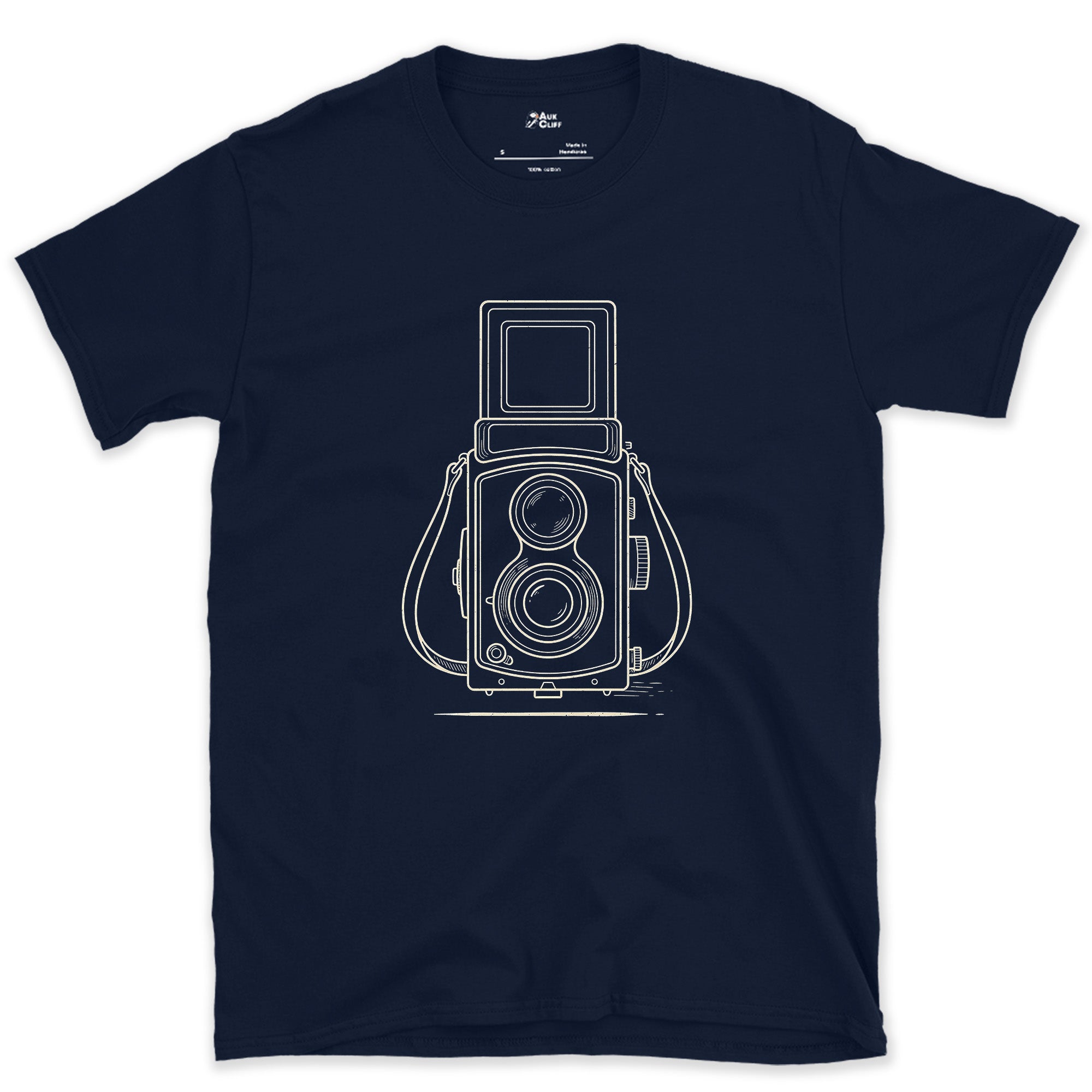 Down Into It, Never Through It, Twin Lens design on a Navy Gildan Softstyle t-shirt