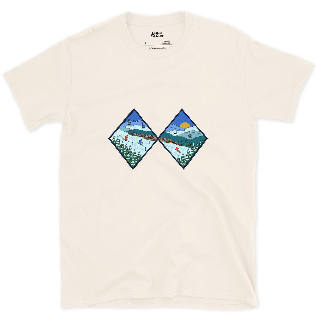 Two Diamonds and a Steep Face design on a Natural Gildan Softstyle t-shirt
