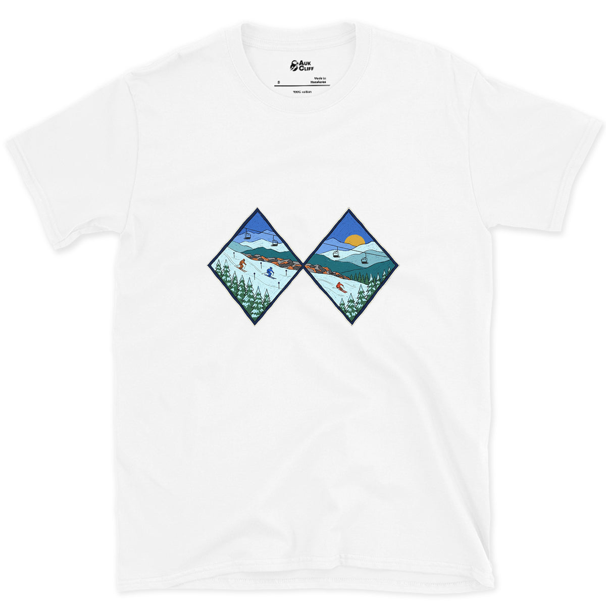Two Diamonds and a Steep Face design on a White Gildan Softstyle t-shirt