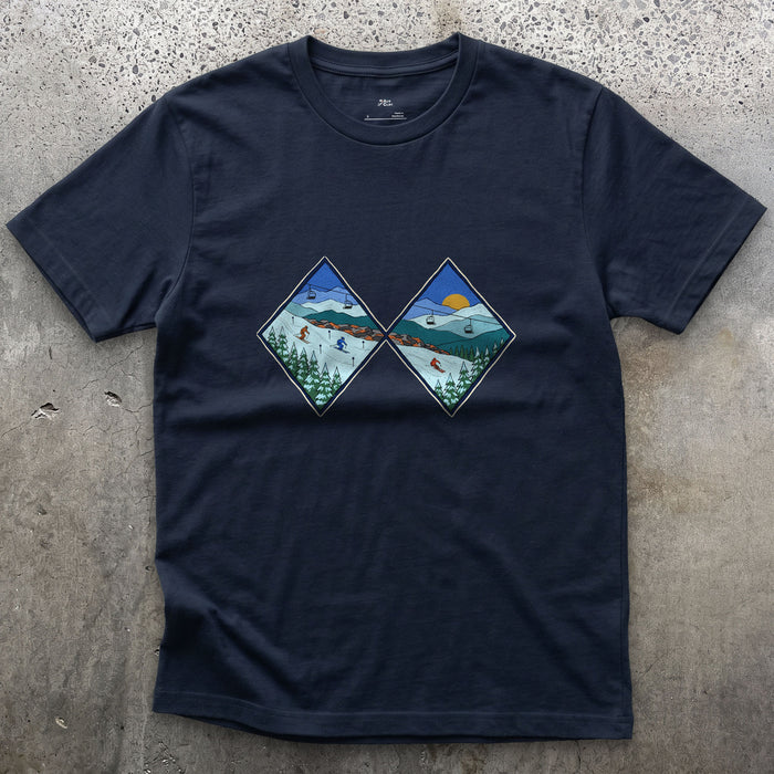Two Diamonds and a Steep Face design on a Navy Gildan Softstyle t-shirt