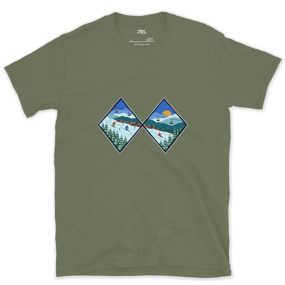 Two Diamonds and a Steep Face design on a Military Green Gildan Softstyle t-shirt