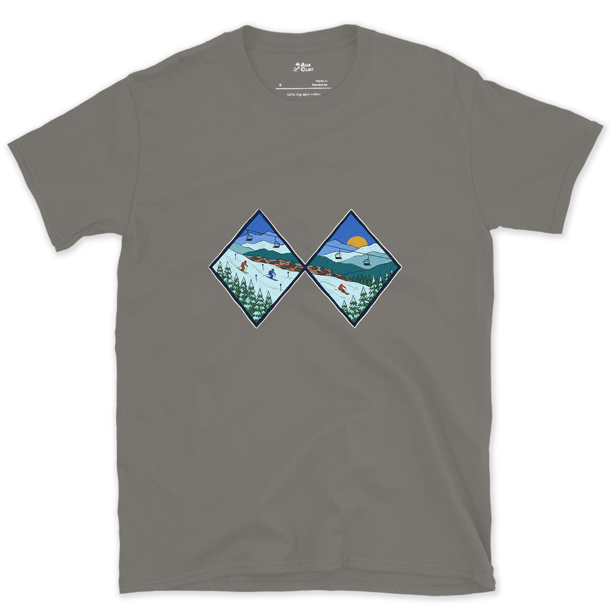 Two Diamonds and a Steep Face design on a Charcoal Gildan Softstyle t-shirt