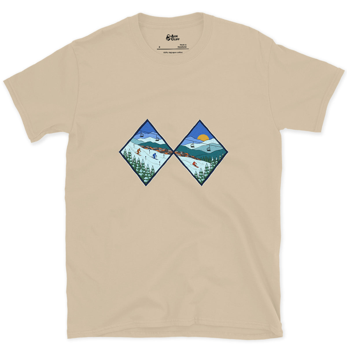 Two Diamonds and a Steep Face design on a Sand Gildan Softstyle t-shirt